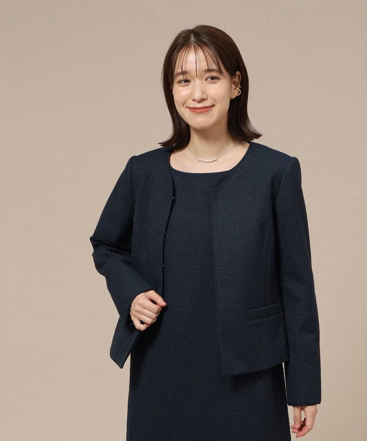 シューラルー SHOO・LA・RUE 【Sー3L/通勤/セレモニー】女性らしいハートネック パイピング ツイードジャケット （ダークネイビー(494)） ダークネイビー(494)