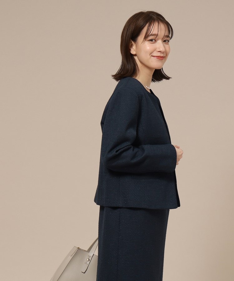 シューラルー SHOO・LA・RUE 【Sー3L/通勤/セレモニー】女性らしいハートネック パイピング ツイードジャケット （ダークネイビー(494)） ダークネイビー(494)