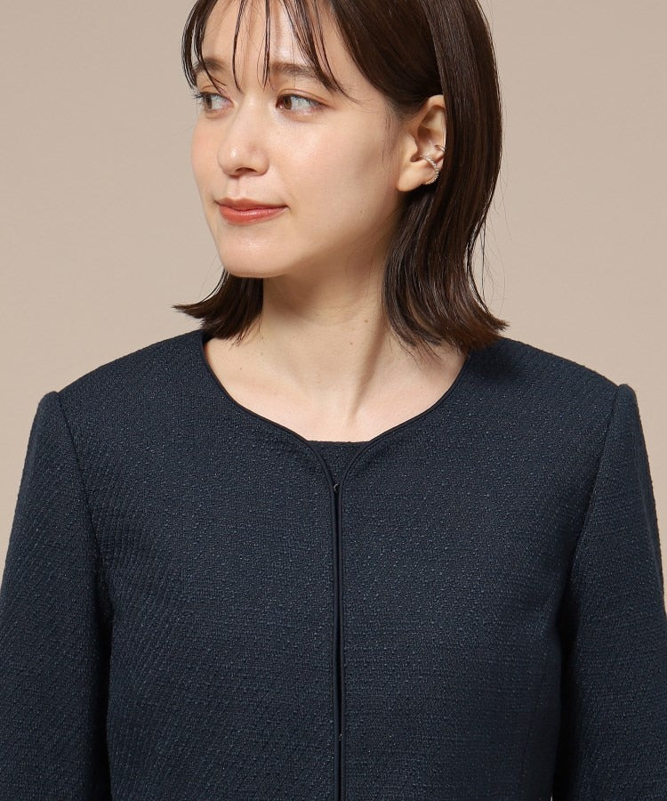 シューラルー SHOO・LA・RUE 【Sー3L/通勤/セレモニー】女性らしいハートネック パイピング ツイードジャケット （ダークネイビー(494)） ダークネイビー(494)