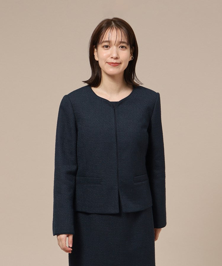 シューラルー SHOO・LA・RUE 【Sー3L/通勤/セレモニー】女性らしいハートネック パイピング ツイードジャケット （ダークネイビー(494)） ダークネイビー(494)