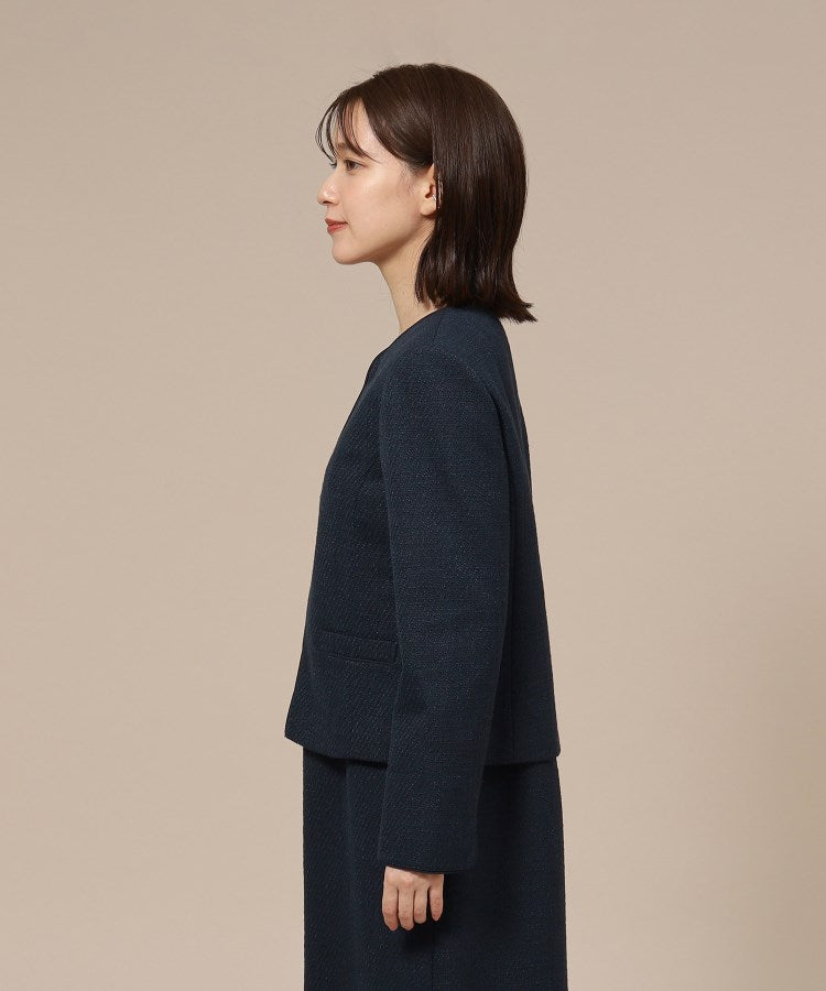 シューラルー SHOO・LA・RUE 【Sー3L/通勤/セレモニー】女性らしいハートネック パイピング ツイードジャケット （ダークネイビー(494)） ダークネイビー(494)