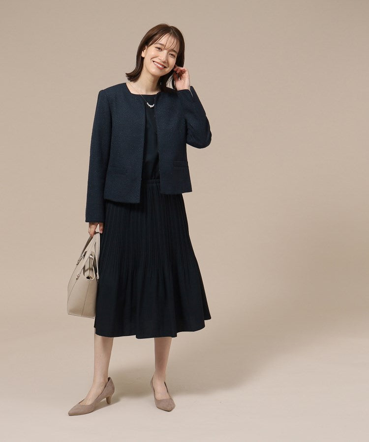 シューラルー SHOO・LA・RUE 【Sー3L/通勤/セレモニー】女性らしいハートネック パイピング ツイードジャケット （ダークネイビー(494)） ダークネイビー(494)