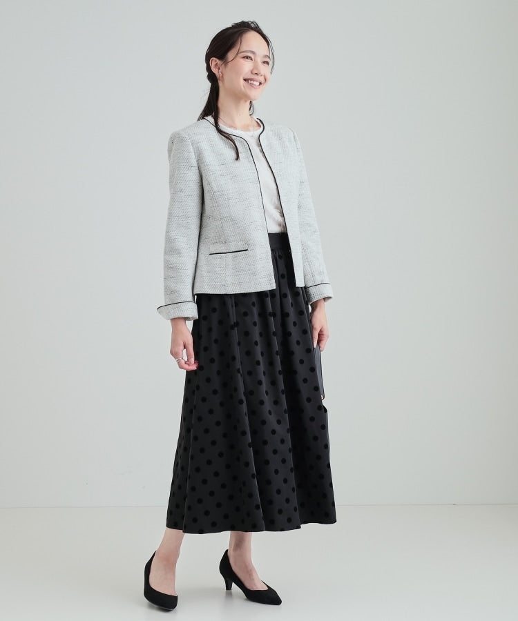 シューラルー SHOO・LA・RUE 【Sー3L/通勤/セレモニー】女性らしいハートネック パイピング ツイードジャケット （ダークネイビー(494)） ダークネイビー(494)