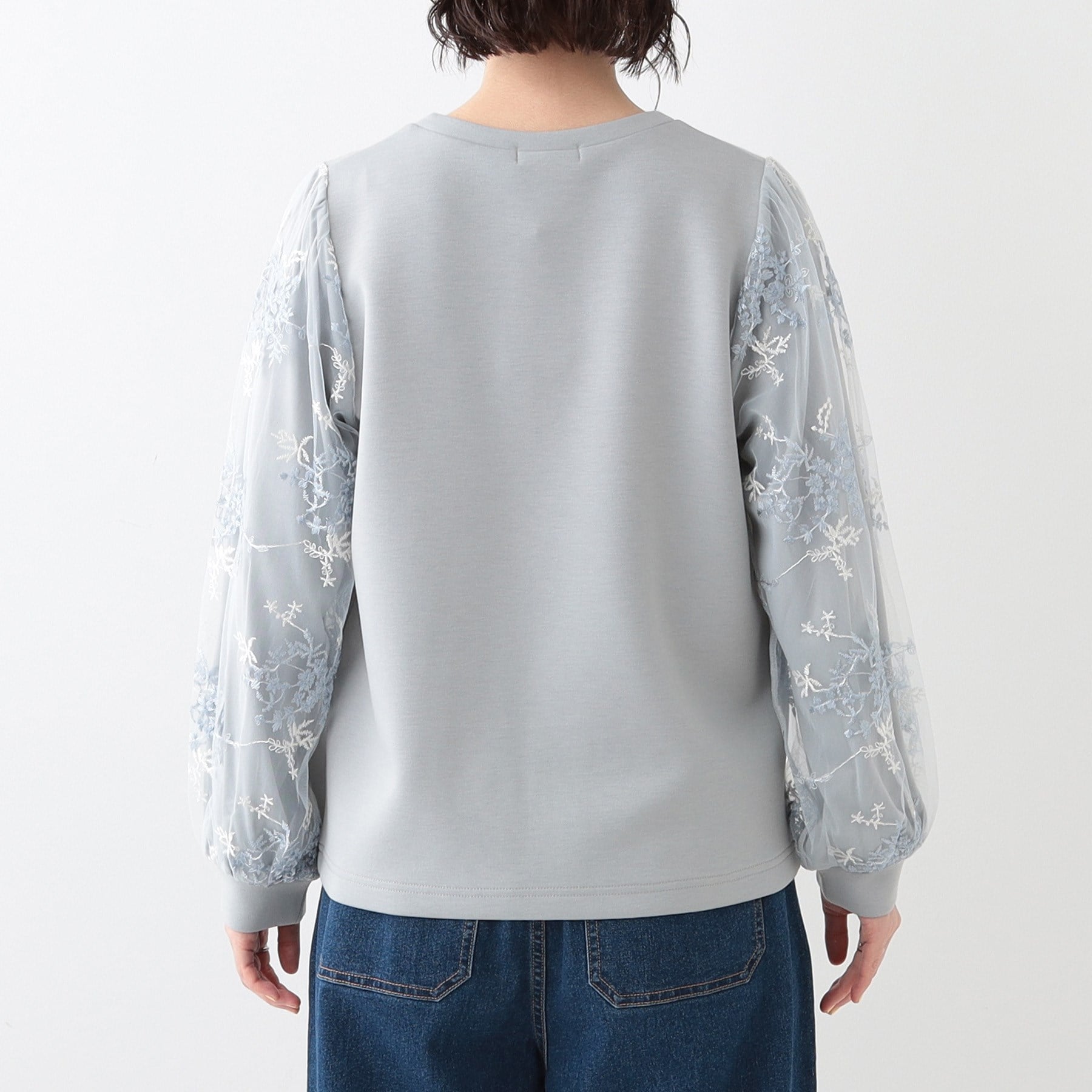 シューラルー SHOO・LA・RUE 【S-LL】袖チュール刺繍切り替えトップス （チャコールグレー(014)） チャコールグレー(014)