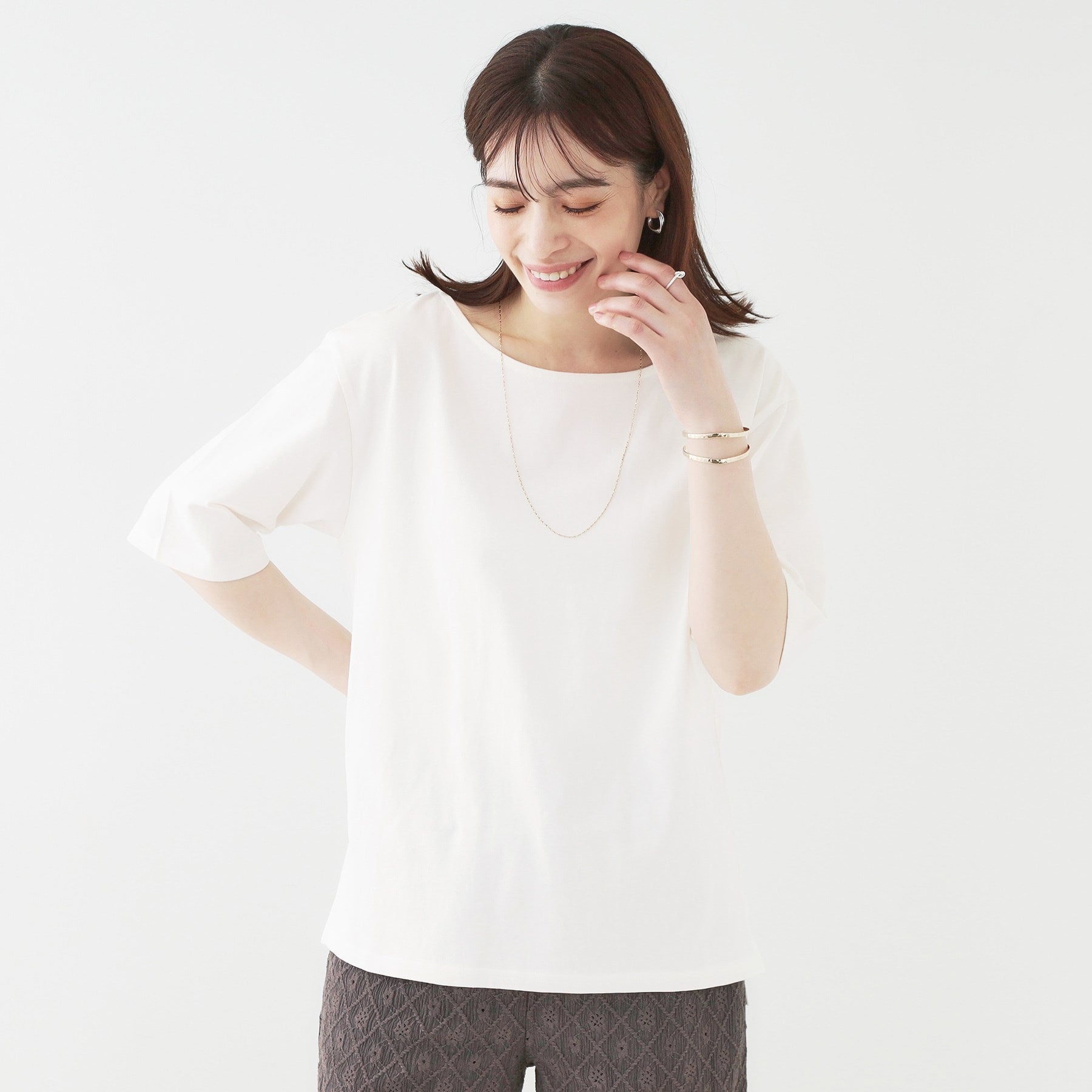 シューラルー SHOO・LA・RUE 5分袖ボートネックトップス （ネイビー(394)） ネイビー(394)