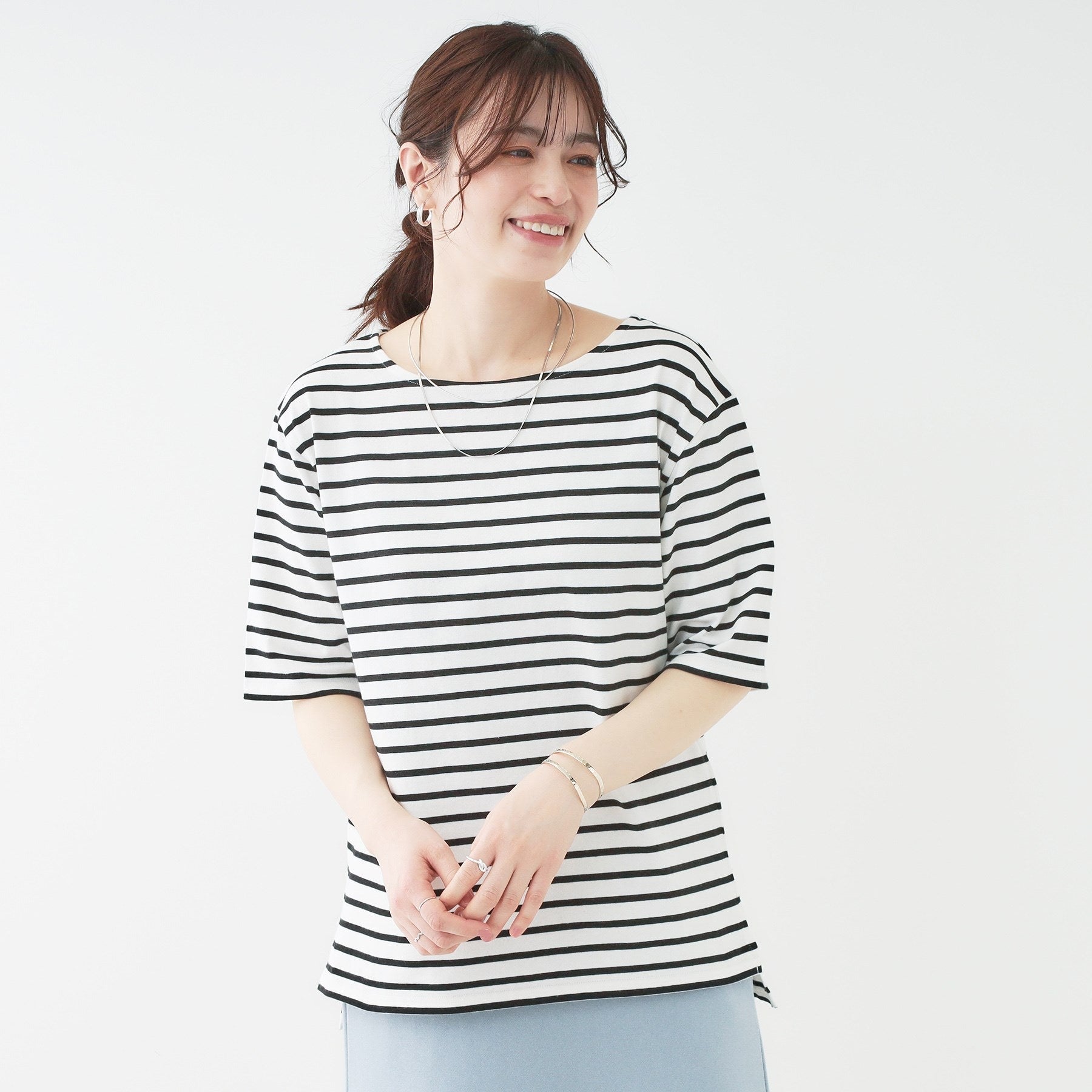 シューラルー SHOO・LA・RUE 5分袖ボートネックトップス （ネイビー(394)） ネイビー(394)