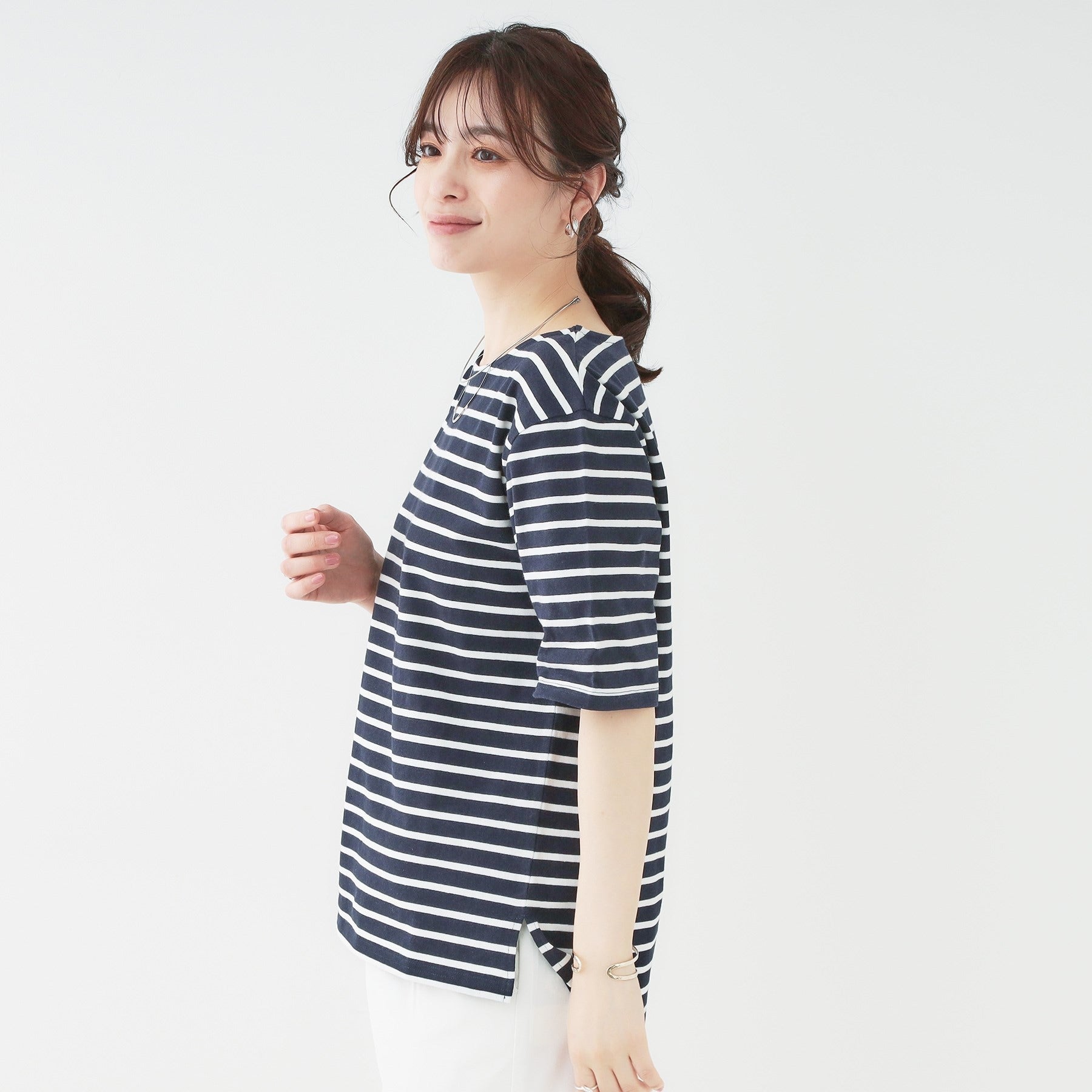 シューラルー SHOO・LA・RUE 5分袖ボートネックトップス （ネイビー(394)） ネイビー(394)