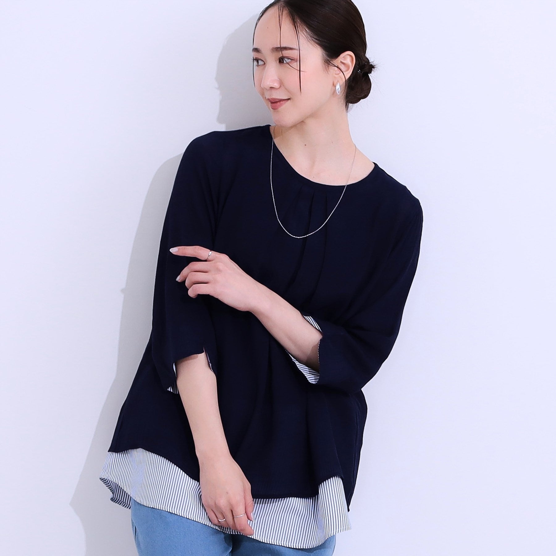 シューラルー SHOO・LA・RUE 時短でこなれ見え叶う 裾レイヤードトップス （ネイビー(094)） ネイビー(094)