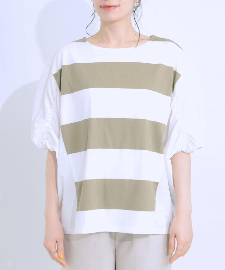 シューラルー SHOO・LA・RUE ふわりシルエットが新しい ワイドピッチボーダートップス （ブラック(319)） ブラック(319)