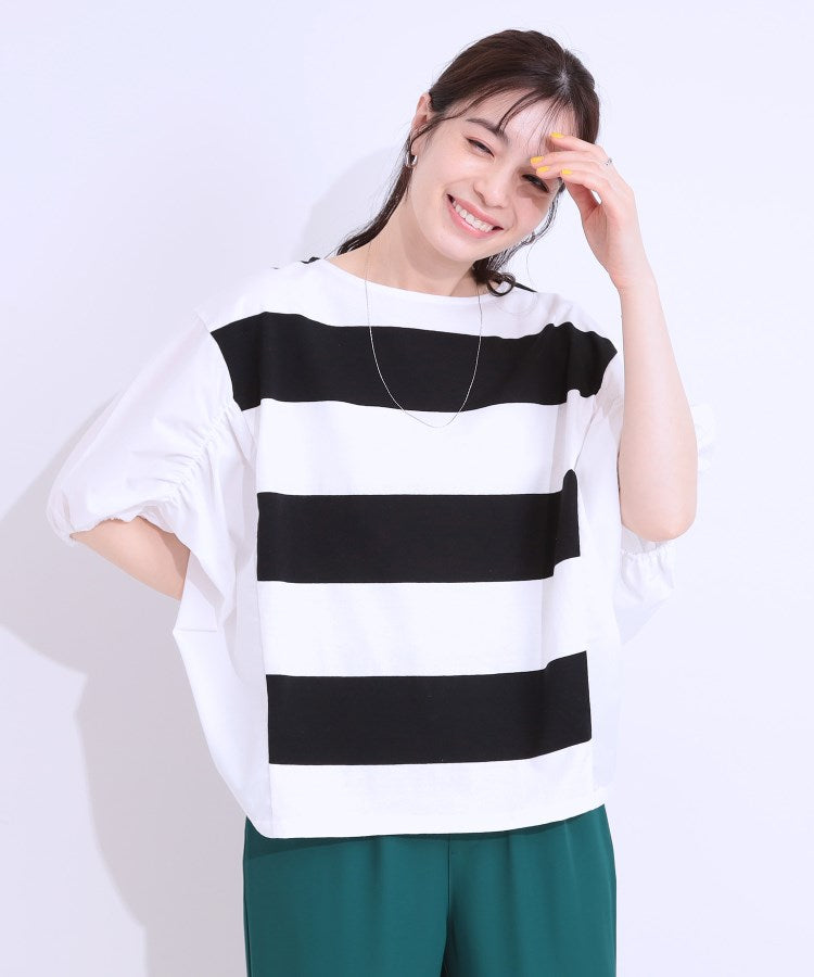 シューラルー SHOO・LA・RUE ふわりシルエットが新しい ワイドピッチボーダートップス （オリーブグリーン(326)） オリーブグリーン(326)