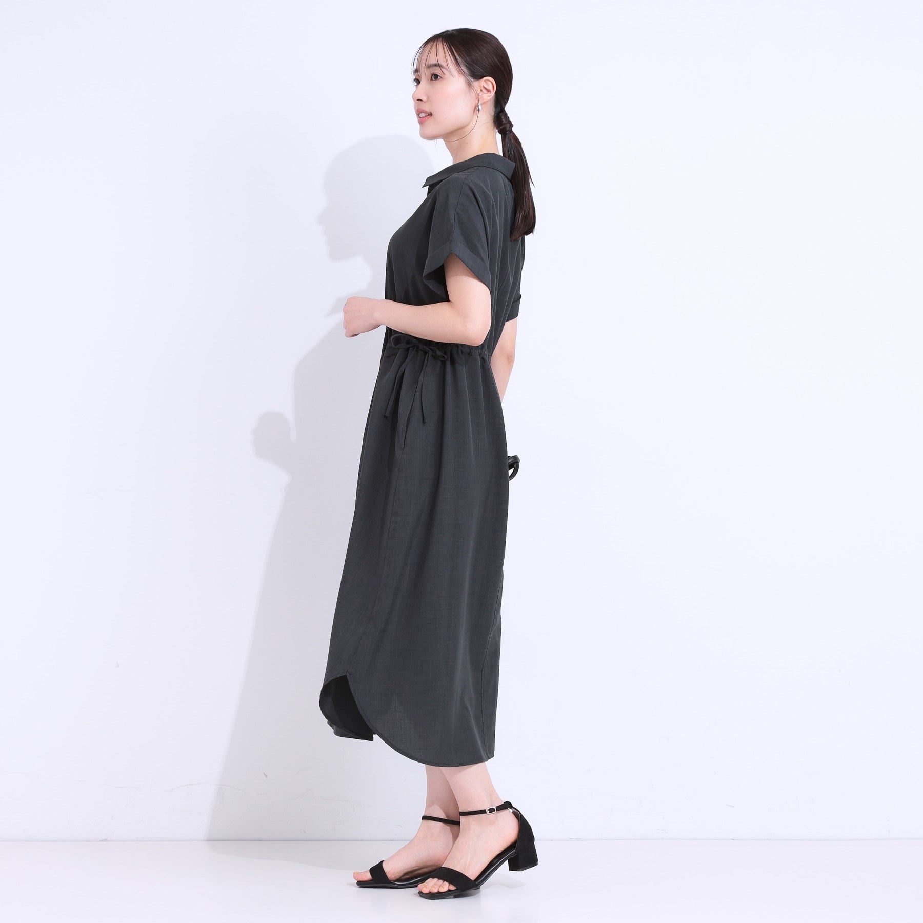 シューラルー SHOO・LA・RUE 麻調スキッパーシャツワンピース （マスタード(033)） マスタード(033)
