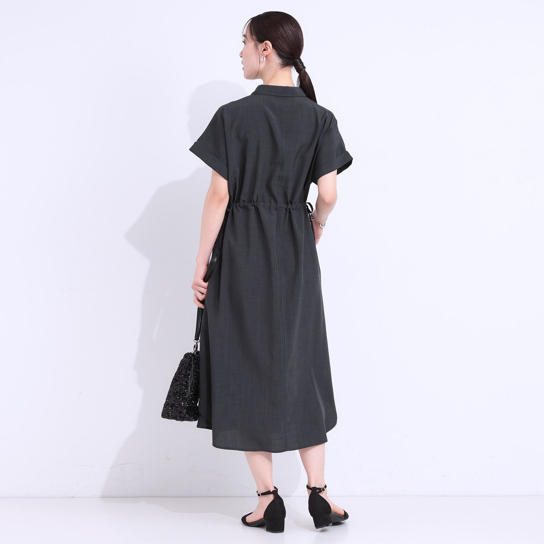 シューラルー SHOO・LA・RUE 麻調スキッパーシャツワンピース （マスタード(033)） マスタード(033)