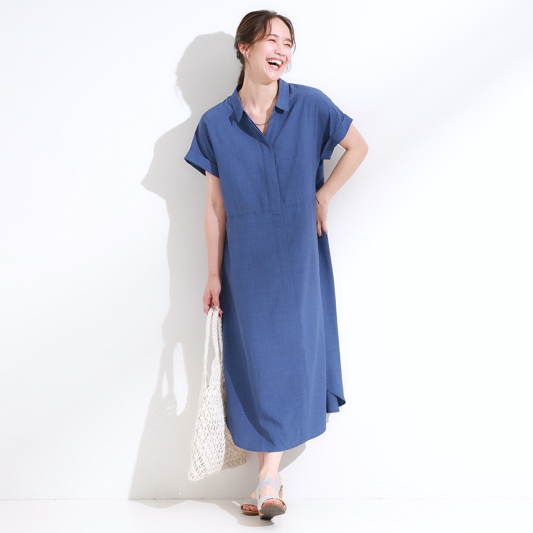 シューラルー SHOO・LA・RUE 麻調スキッパーシャツワンピース （マスタード(033)） マスタード(033)