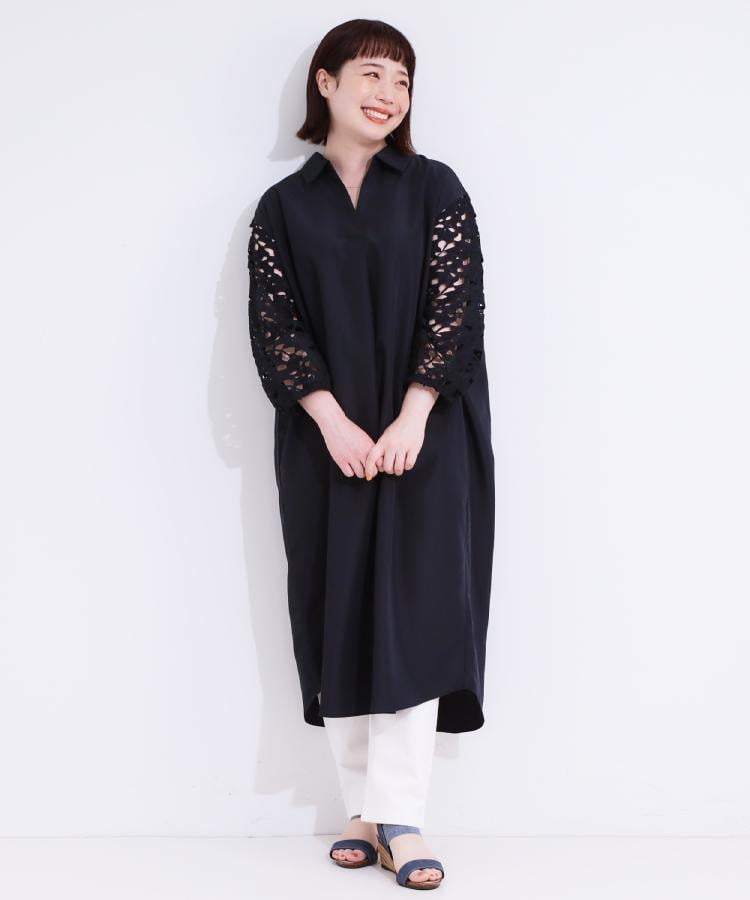 シューラルー SHOO・LA・RUE 袖レースが上品なシャツワンピース （オフホワイト(003)） オフホワイト(003)
