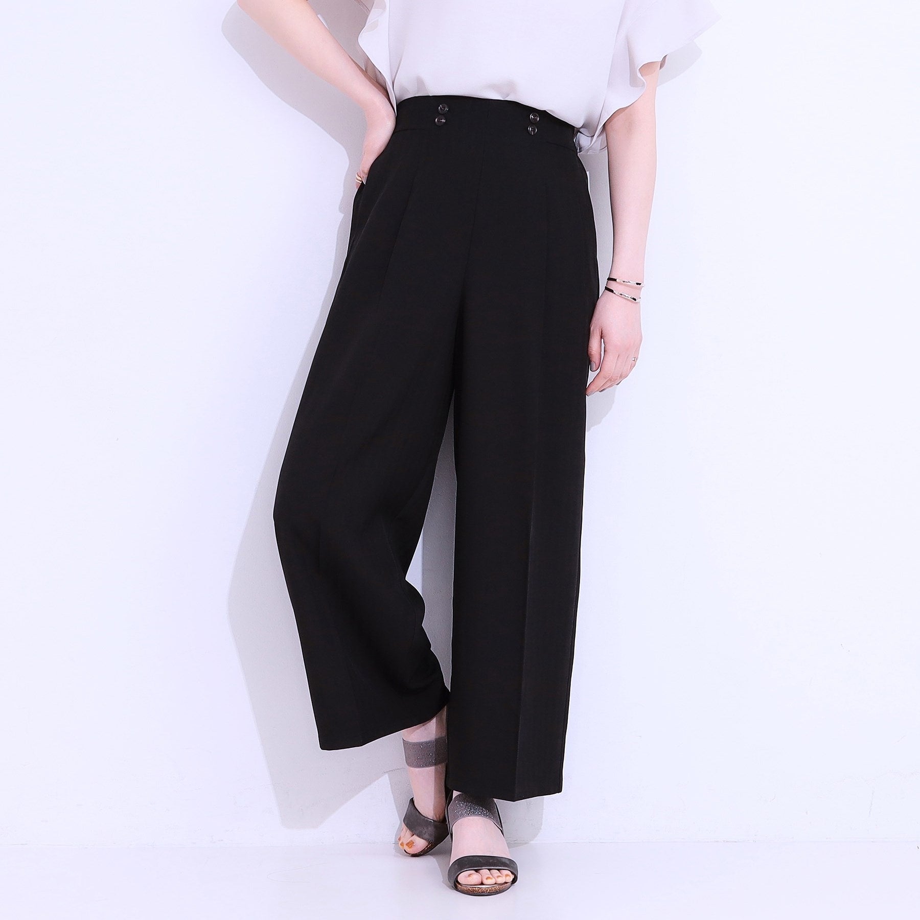 シューラルー SHOO・LA・RUE 【セットアップ可】麻調ストライプワイドパンツ （ブラック(019)） ブラック(019)