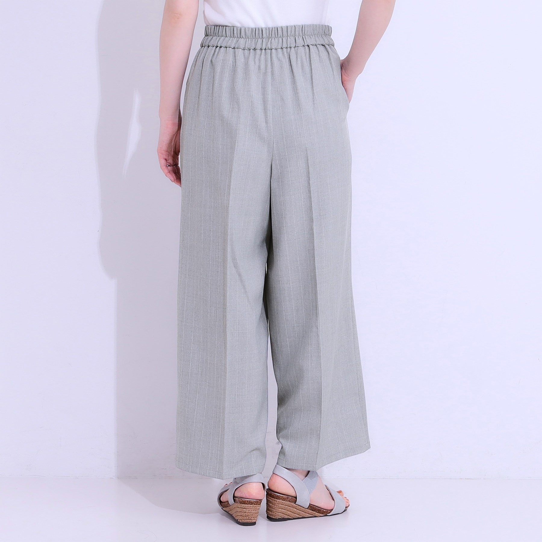 シューラルー SHOO・LA・RUE 【セットアップ可】麻調ストライプワイドパンツ （ブラック(019)） ブラック(019)