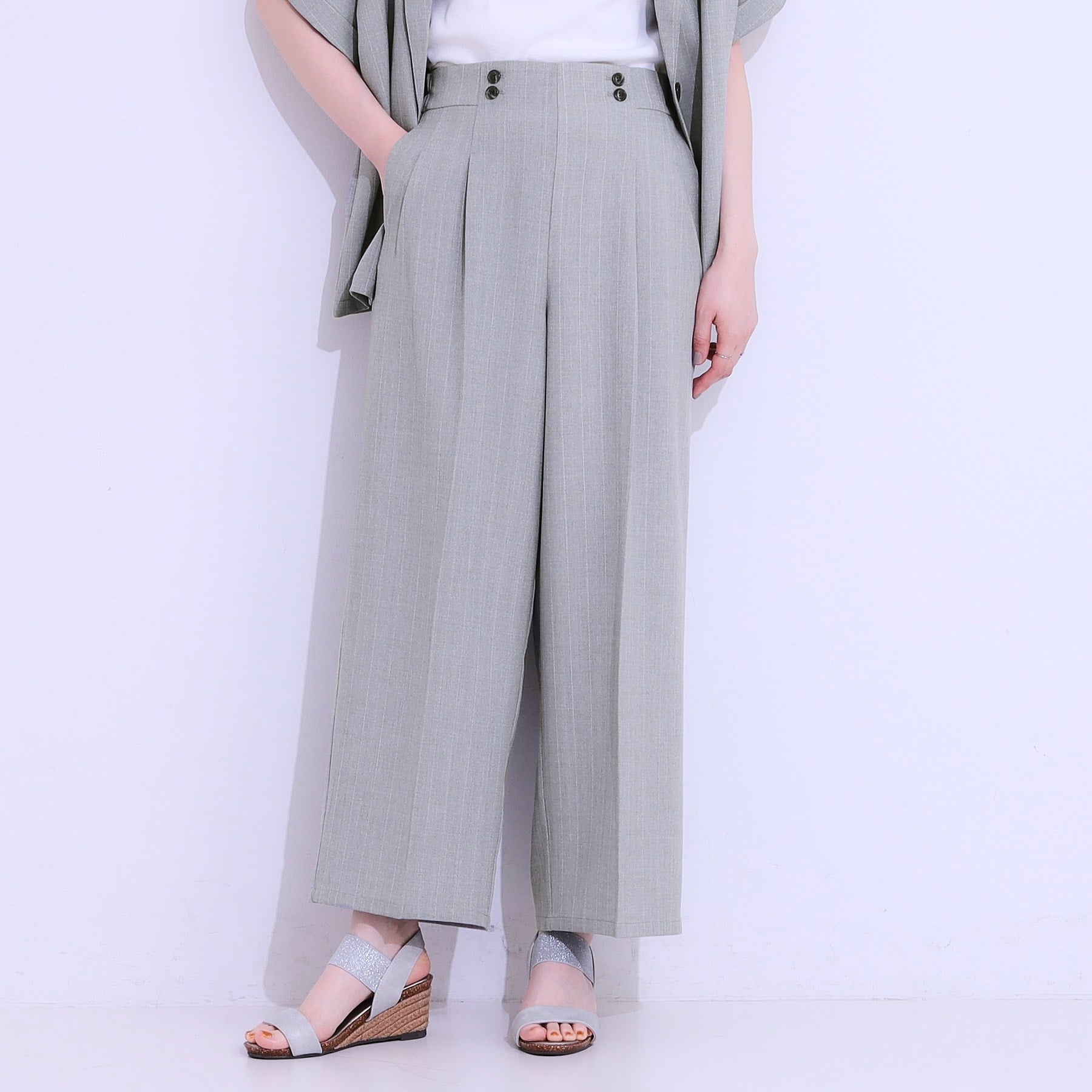 シューラルー SHOO・LA・RUE 【セットアップ可】麻調ストライプワイドパンツ （ブラック(019)） ブラック(019)