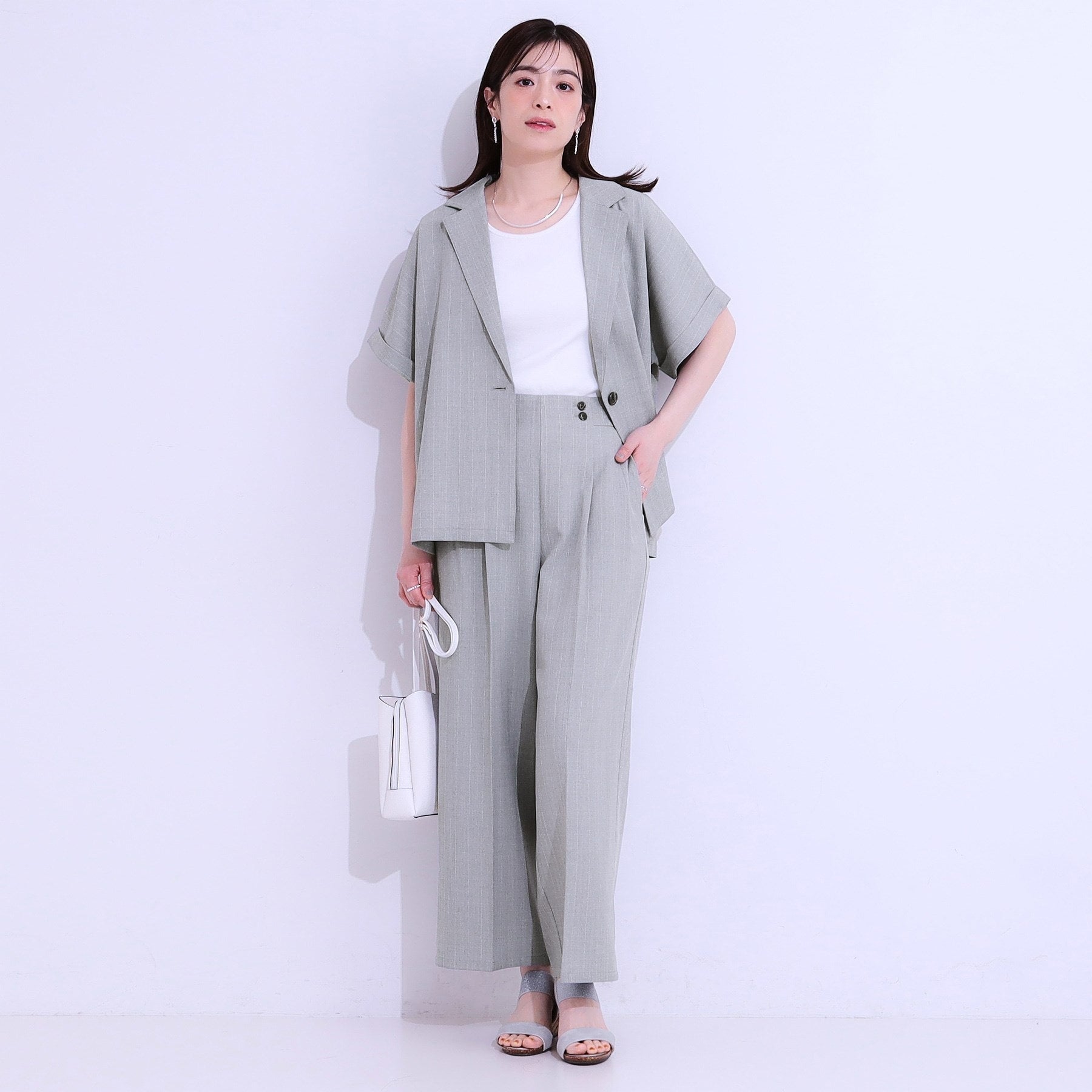 シューラルー SHOO・LA・RUE 【セットアップ可】麻調ストライプワイドパンツ （ブラック(019)） ブラック(019)