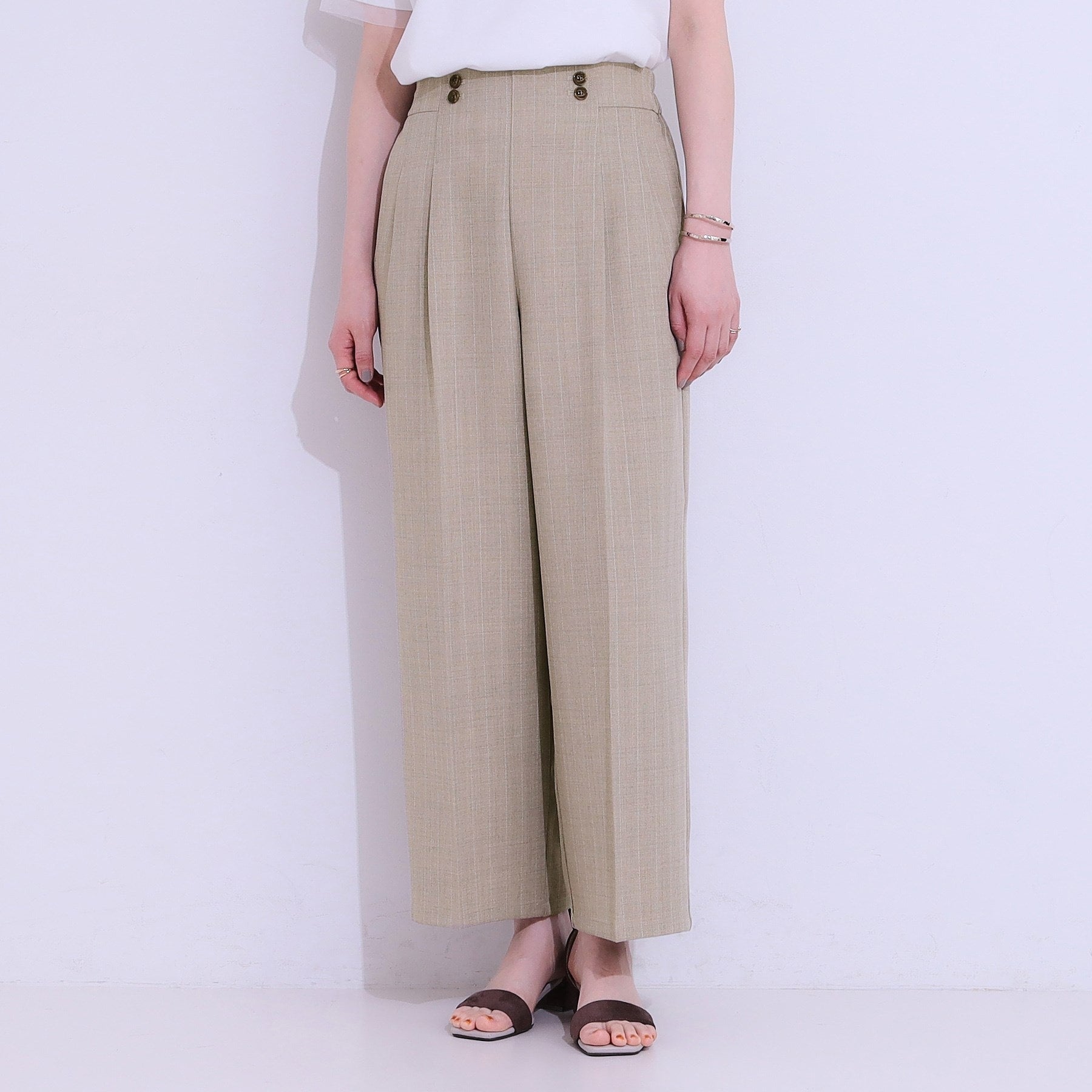 シューラルー SHOO・LA・RUE 【セットアップ可】麻調ストライプワイドパンツ （ブラック(019)） ブラック(019)