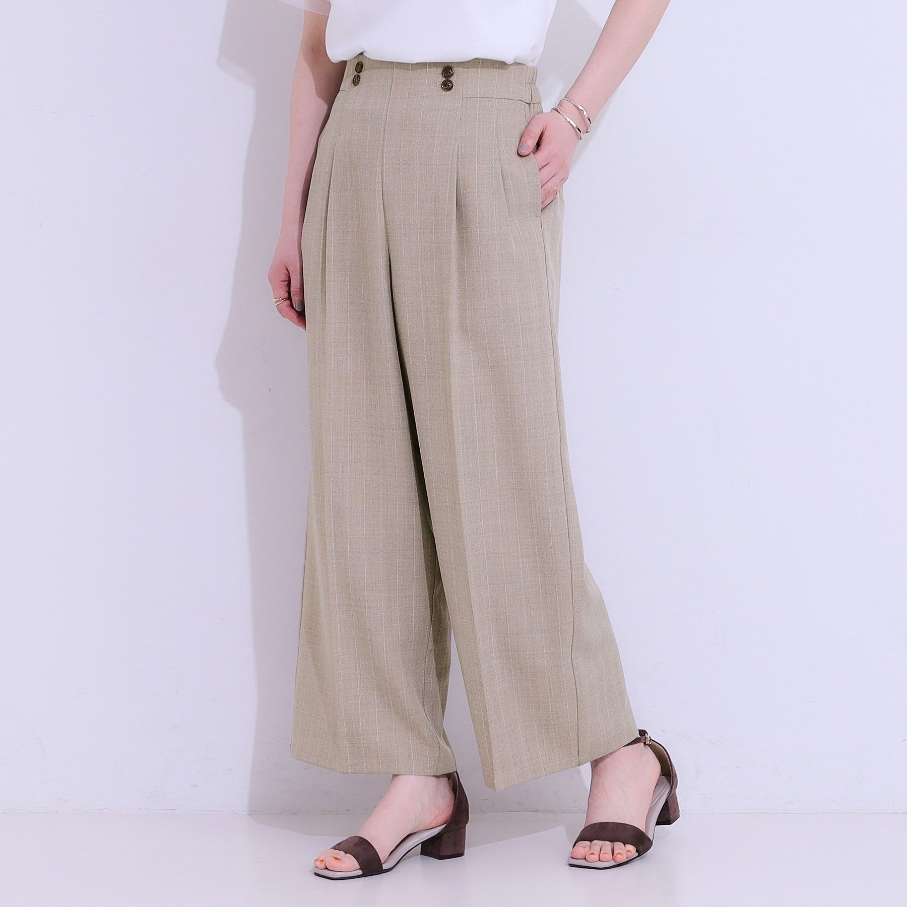 シューラルー SHOO・LA・RUE 【セットアップ可】麻調ストライプワイドパンツ （ブラック(019)） ブラック(019)