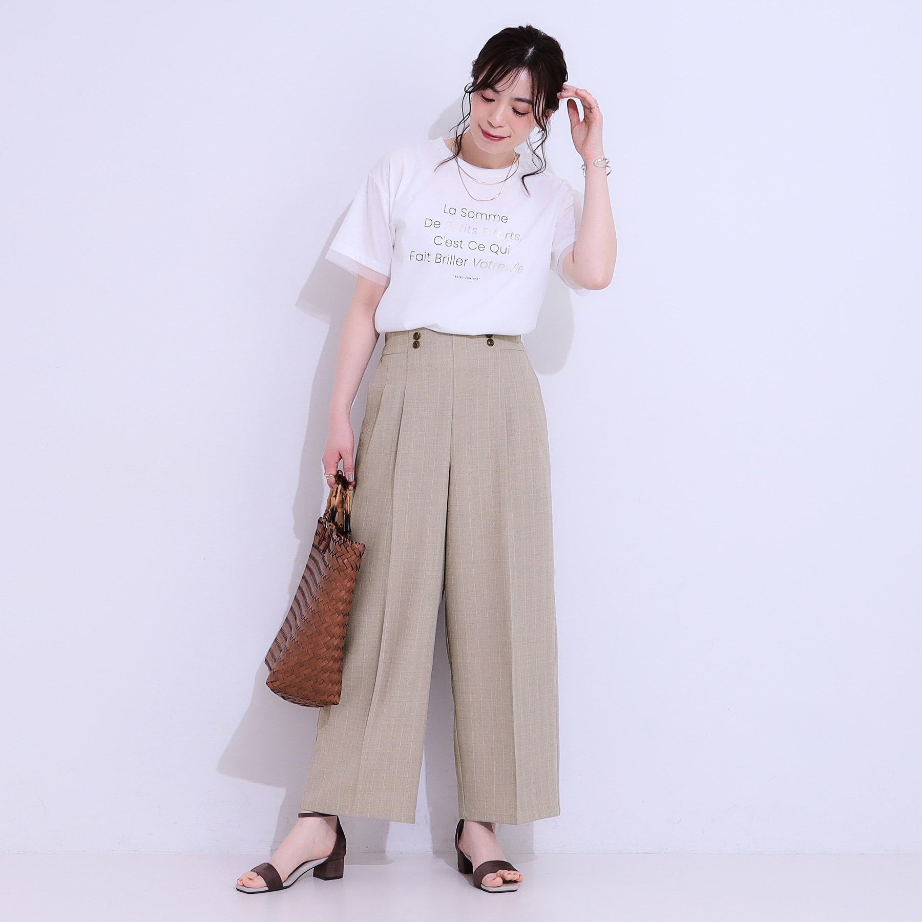 シューラルー SHOO・LA・RUE 【セットアップ可】麻調ストライプワイドパンツ （ブラック(019)） ブラック(019)