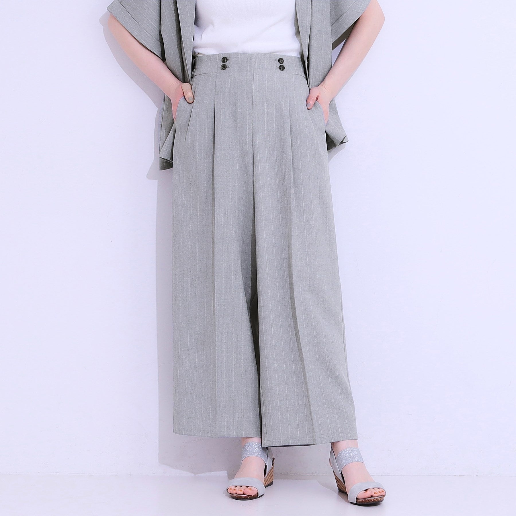 シューラルー SHOO・LA・RUE 【セットアップ可】麻調ストライプワイドパンツ （グレー(012)） グレー(012)