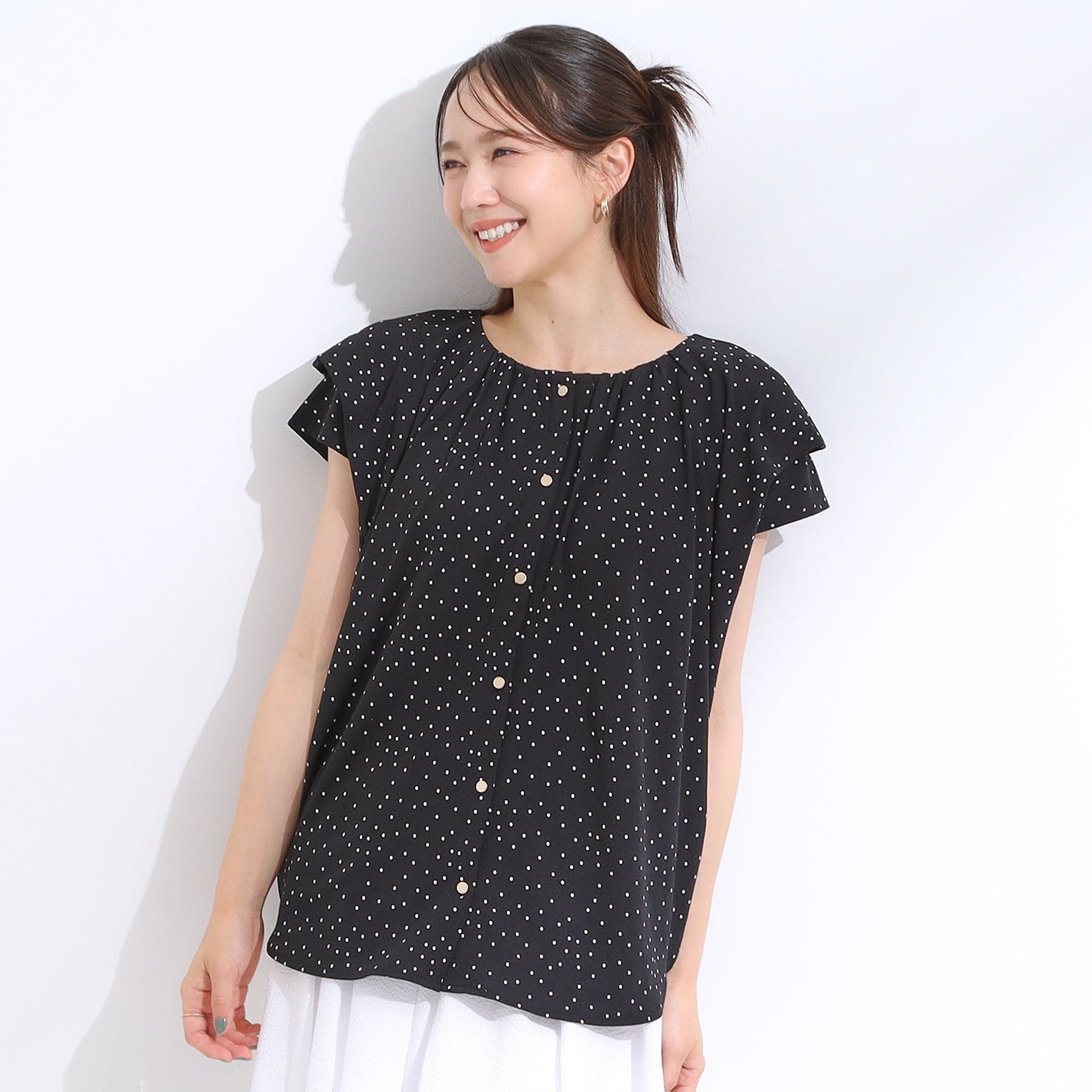 シューラルー SHOO・LA・RUE 【シューアイス】ドット柄デザイントップス （ブラック(619)） ブラック(619)