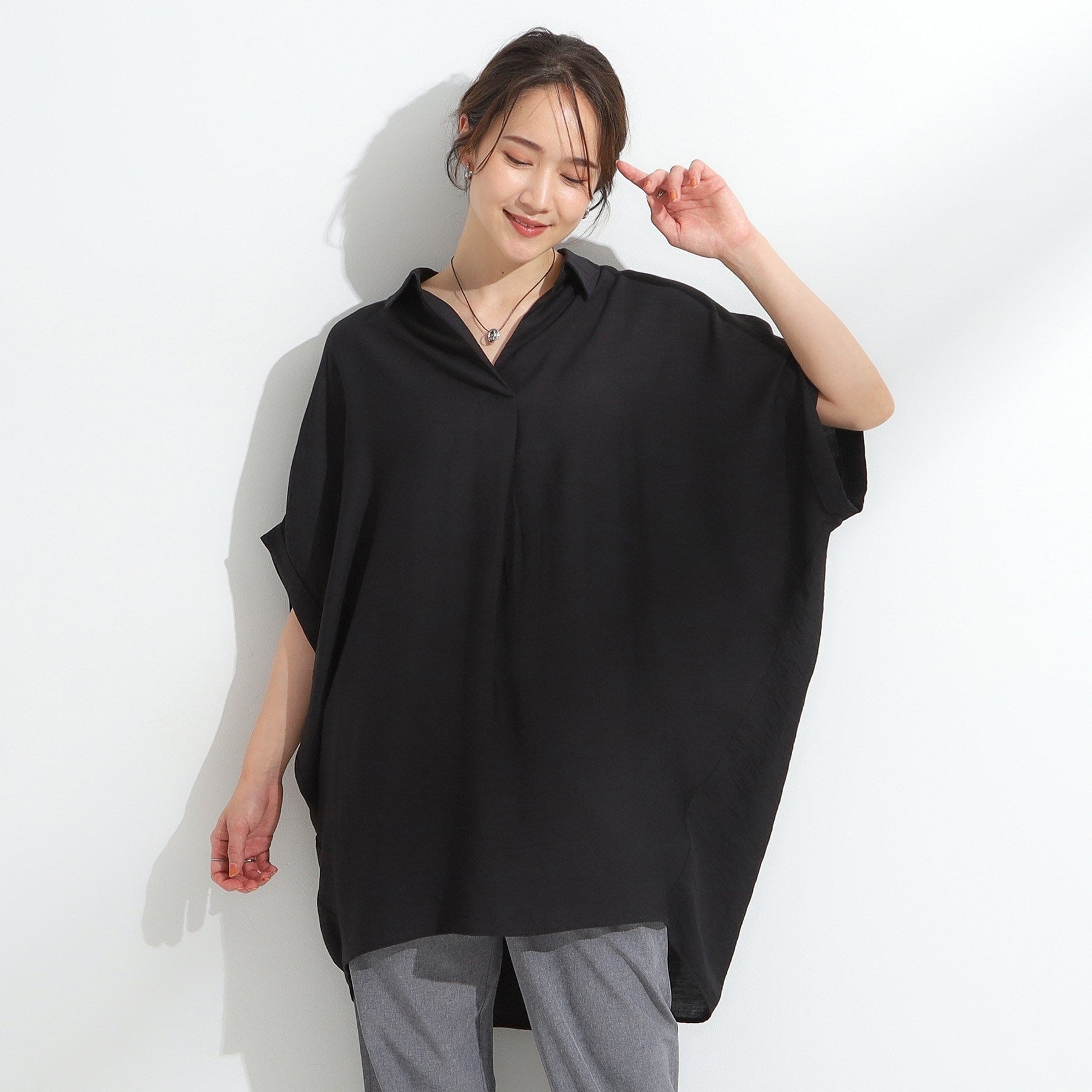シューラルー SHOO・LA・RUE 【ひんやり】身体のラインをきれいに見せるコクーンシルエットワンピース （ブラック(019)） ブラック(019)