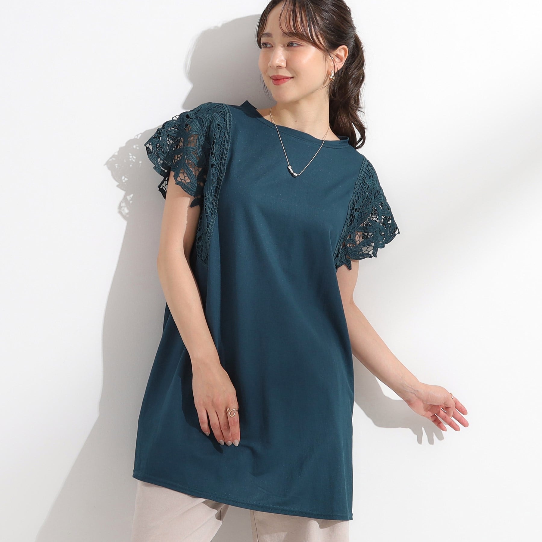 シューラルー SHOO・LA・RUE 【S-LL】上品華やか お袖レースチュニックトップス （グリーン(024)） グリーン(024)