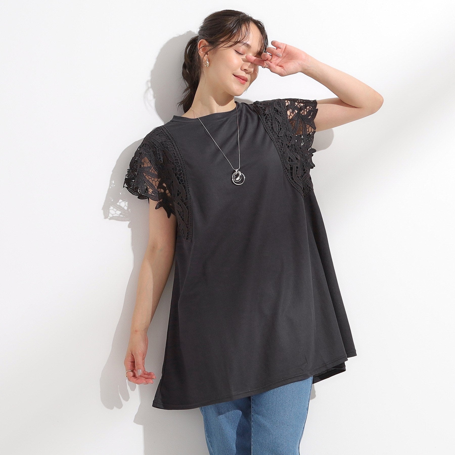 シューラルー SHOO・LA・RUE 【S-LL】上品華やか お袖レースチュニックトップス （グリーン(024)） グリーン(024)