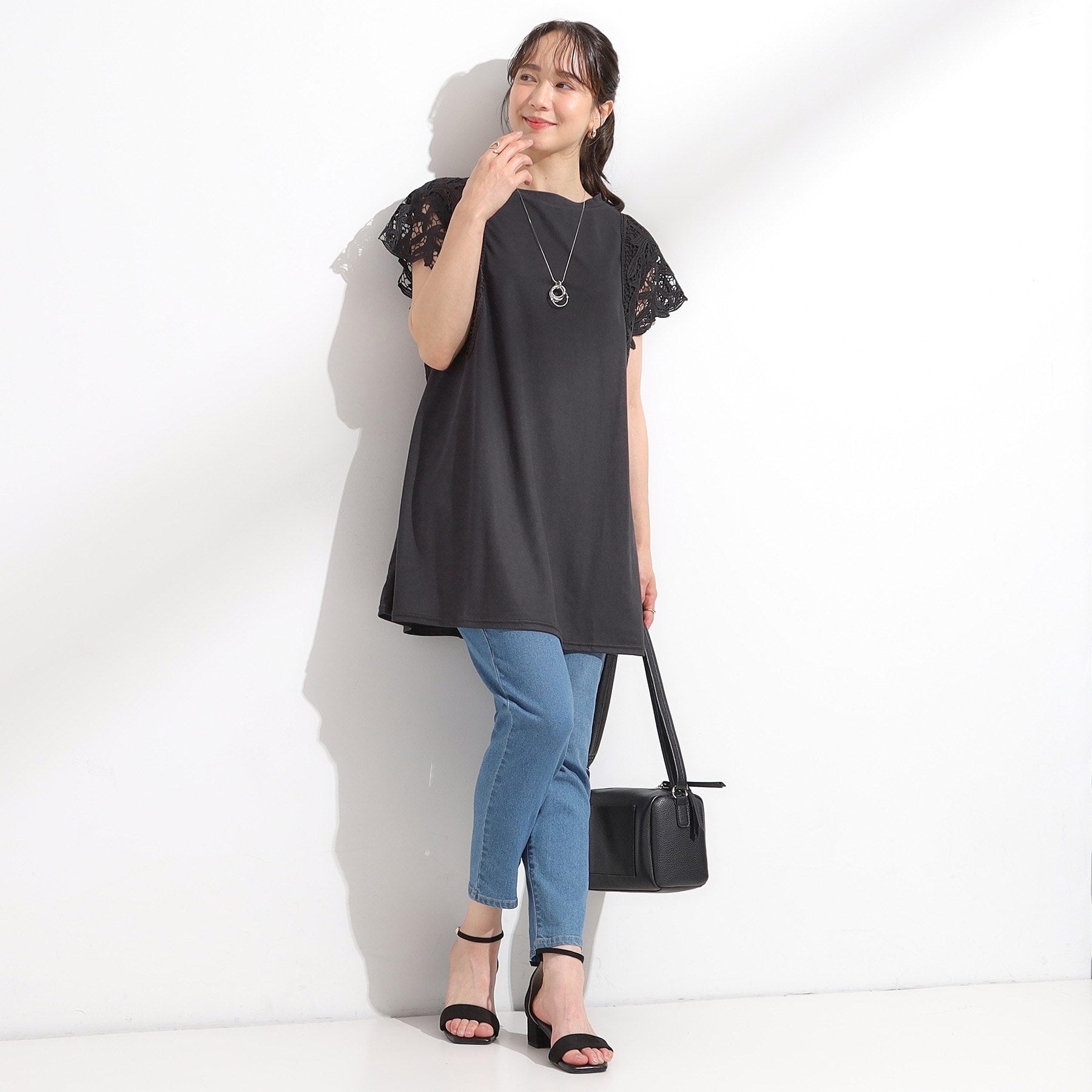 シューラルー SHOO・LA・RUE 【S-LL】上品華やか お袖レースチュニックトップス （グリーン(024)） グリーン(024)