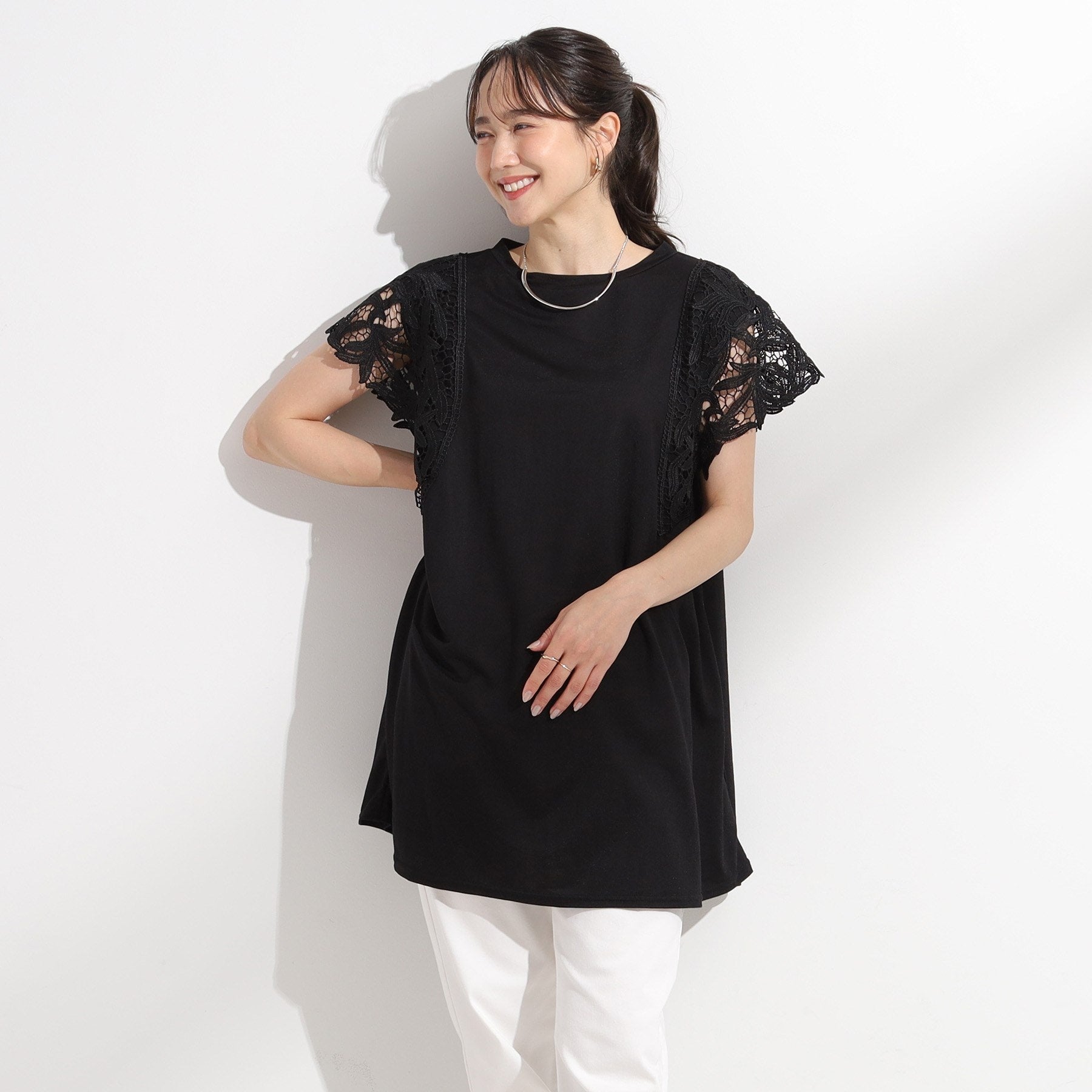 シューラルー SHOO・LA・RUE 【S-LL】上品華やか お袖レースチュニックトップス （グリーン(024)） グリーン(024)