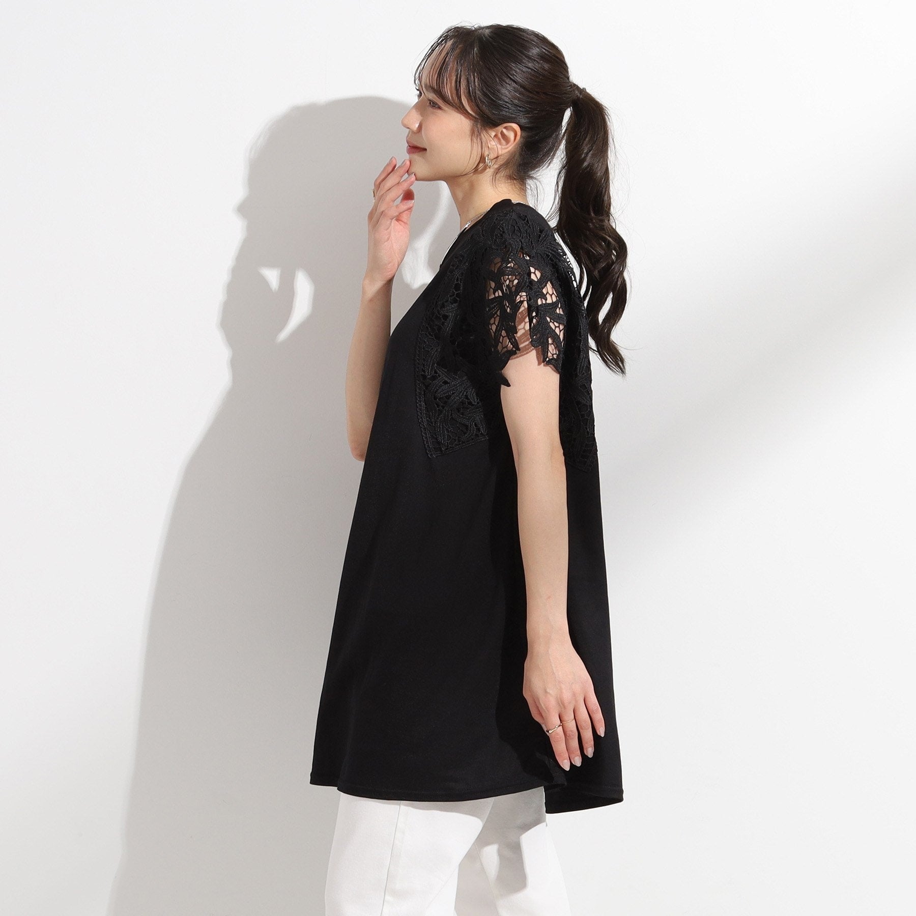 シューラルー SHOO・LA・RUE 【S-LL】上品華やか お袖レースチュニックトップス （グリーン(024)） グリーン(024)