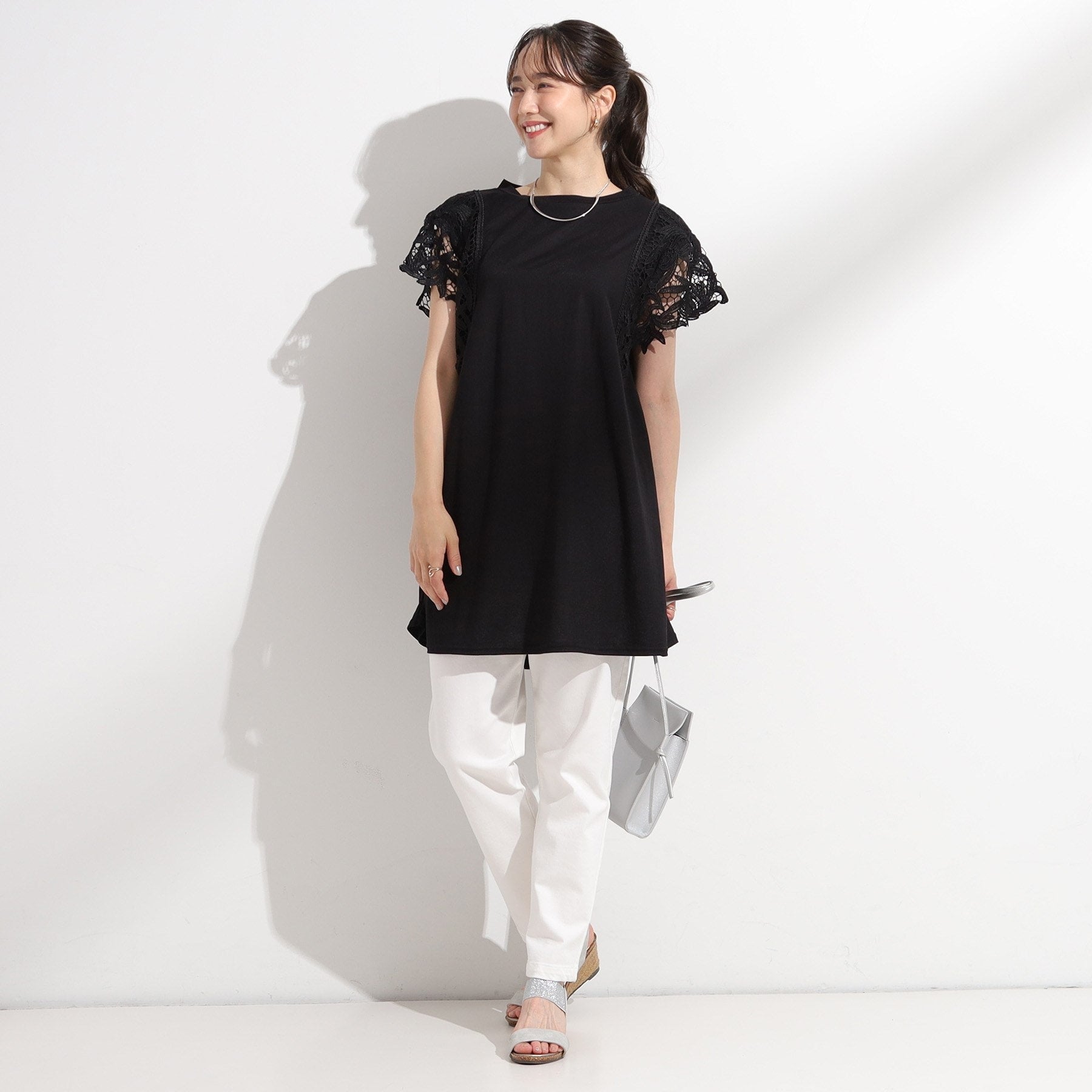 シューラルー SHOO・LA・RUE 【S-LL】上品華やか お袖レースチュニックトップス （グリーン(024)） グリーン(024)