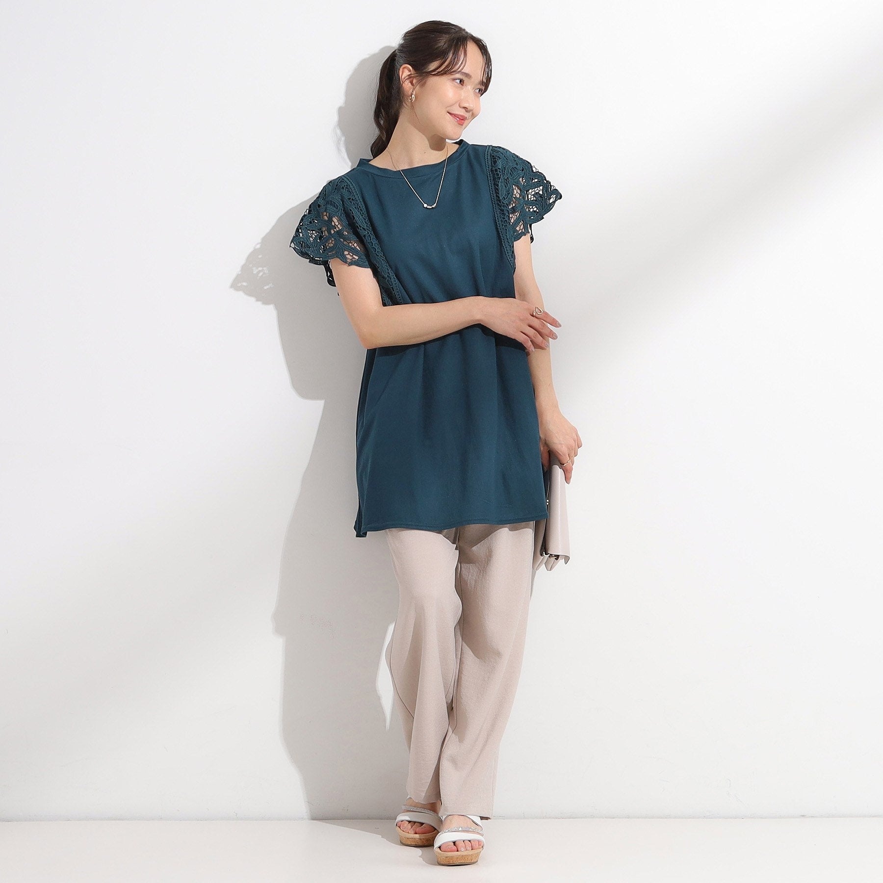 シューラルー SHOO・LA・RUE 【S-LL】上品華やか お袖レースチュニックトップス （グリーン(024)） グリーン(024)