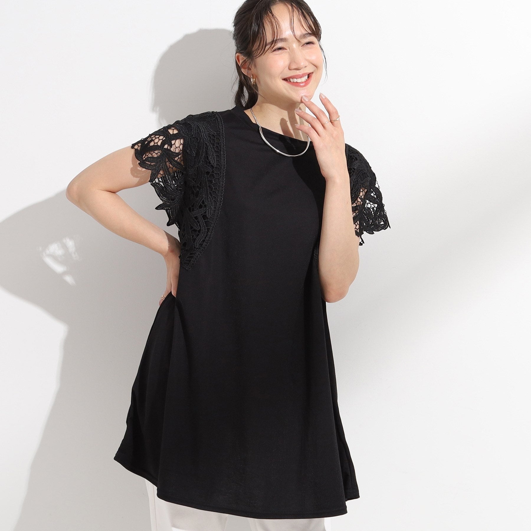 シューラルー SHOO・LA・RUE 【S-LL】上品華やか お袖レースチュニックトップス （グリーン(024)） グリーン(024)