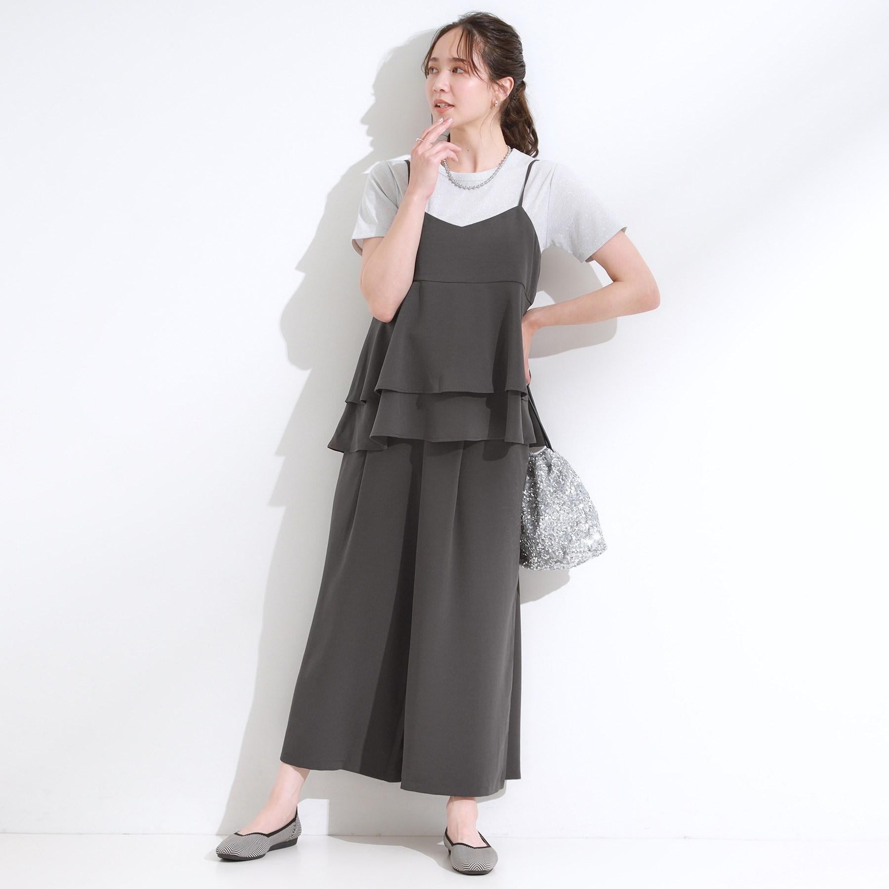 シューラルー SHOO・LA・RUE 【セットアップ可/ひんやり】上品に揺れる タックスカーチョ （チャコールグレー(014)） チャコールグレー(014)