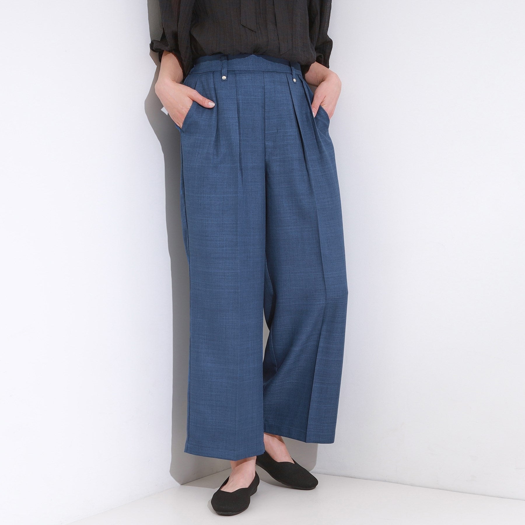 シューラルー SHOO・LA・RUE 麻調タックワイドパンツ （ブルー(092)） ブルー(092)