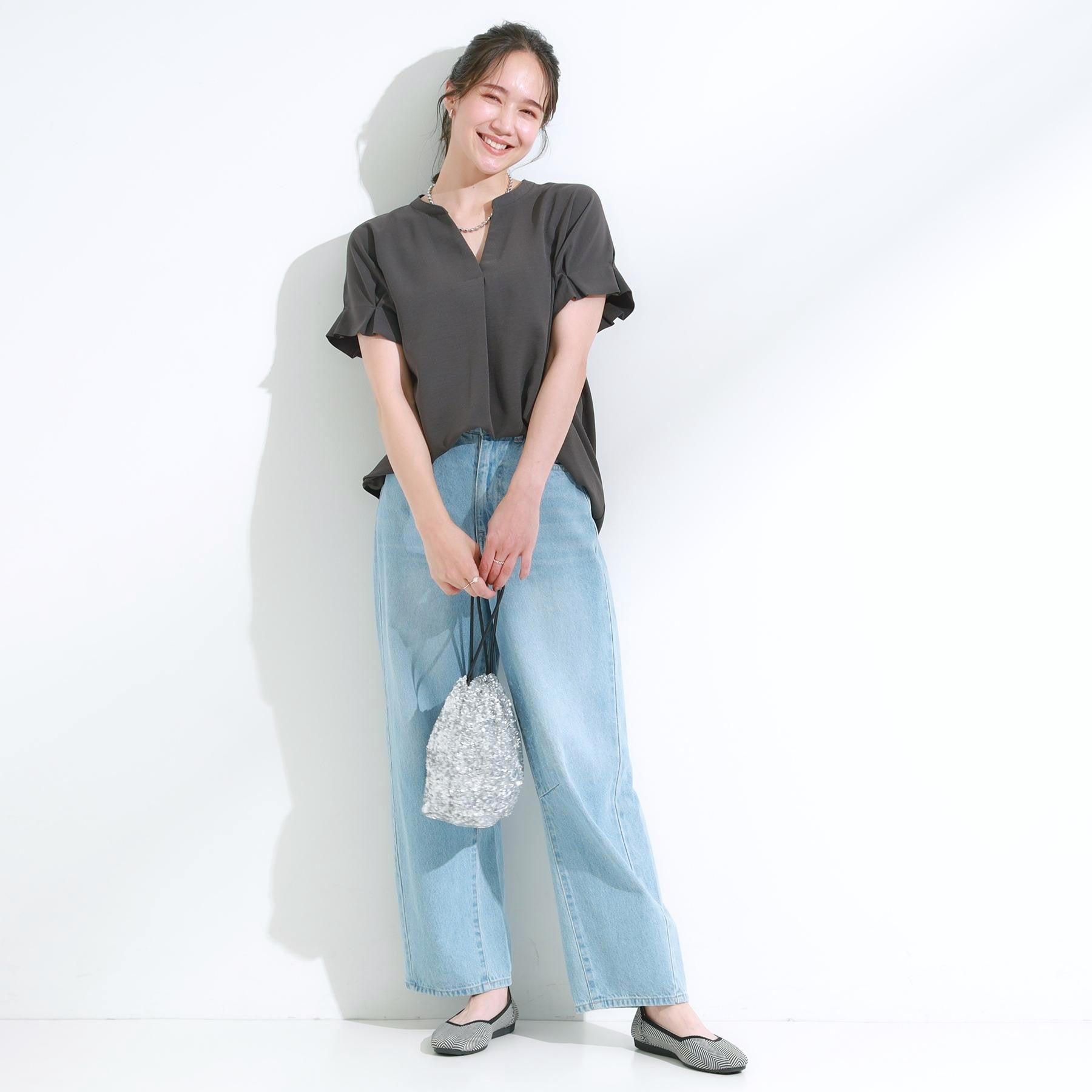 シューラルー SHOO・LA・RUE 【セットアップ可/ひんやり】きちんと見えで上品 お袖タック スキッパーブラウス （ブラウン(043)） ブラウン(043)