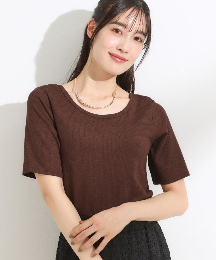 シューラルー SHOO･LA･RUE 【SHOO ICE／前後2WAY】ひんやりテレコ 2WAYネックTシャツ （ブラウン(043)） ブラウン(043)