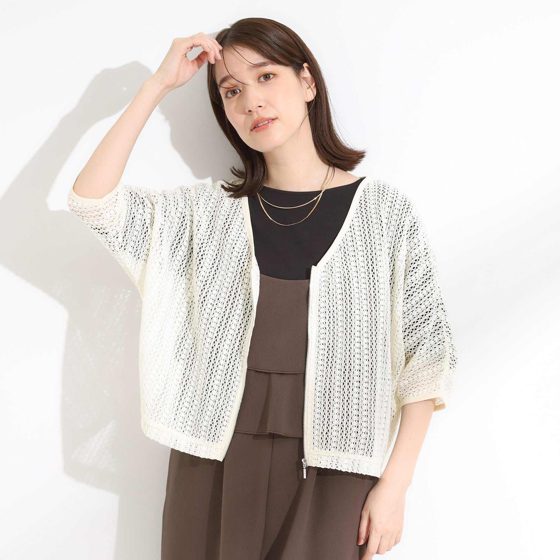 シューラルー SHOO・LA・RUE レーシィな素材感が涼やかなブルゾン （ブラウン(043)） ブラウン(043)