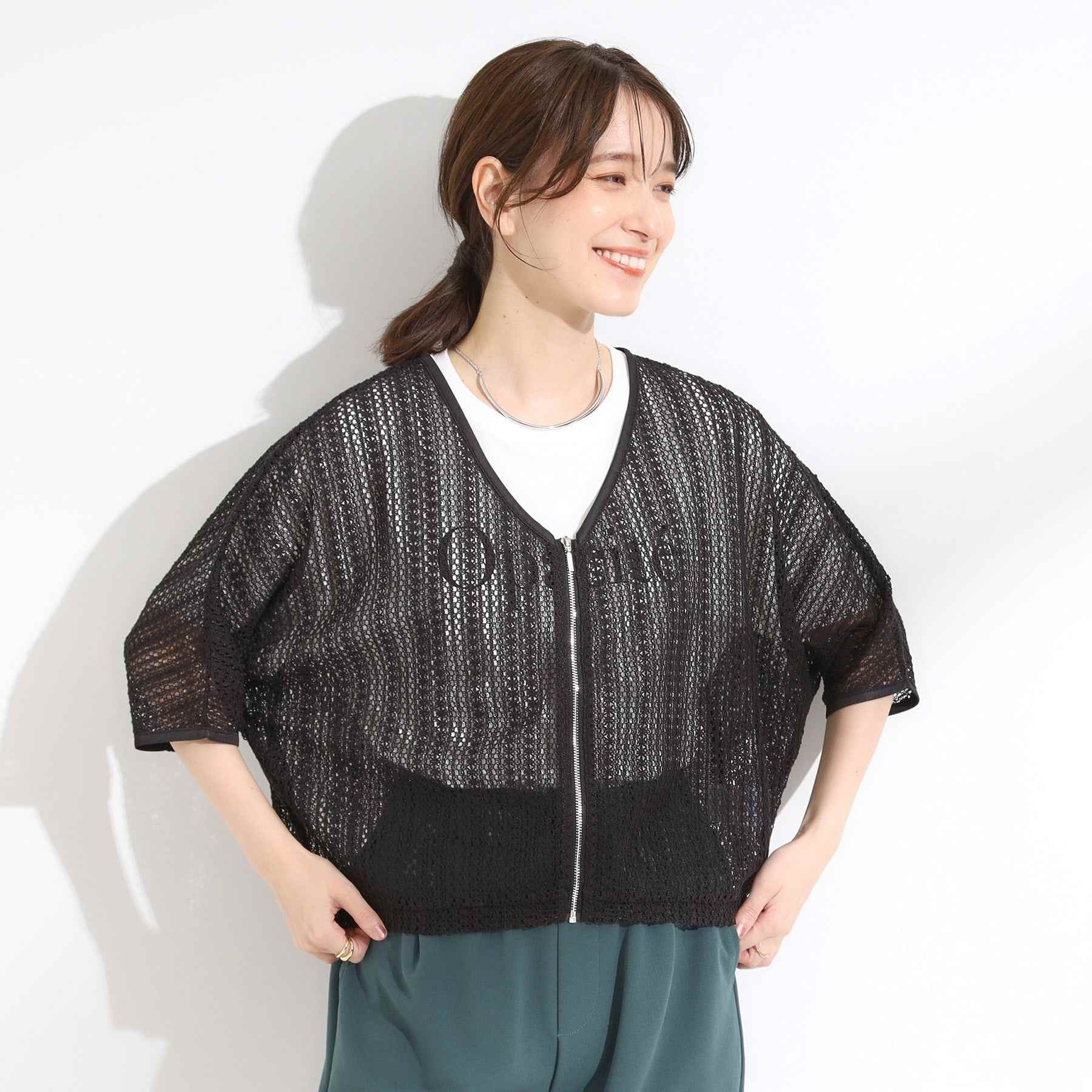 シューラルー SHOO・LA・RUE レーシィな素材感が涼やかなブルゾン （ブラウン(043)） ブラウン(043)