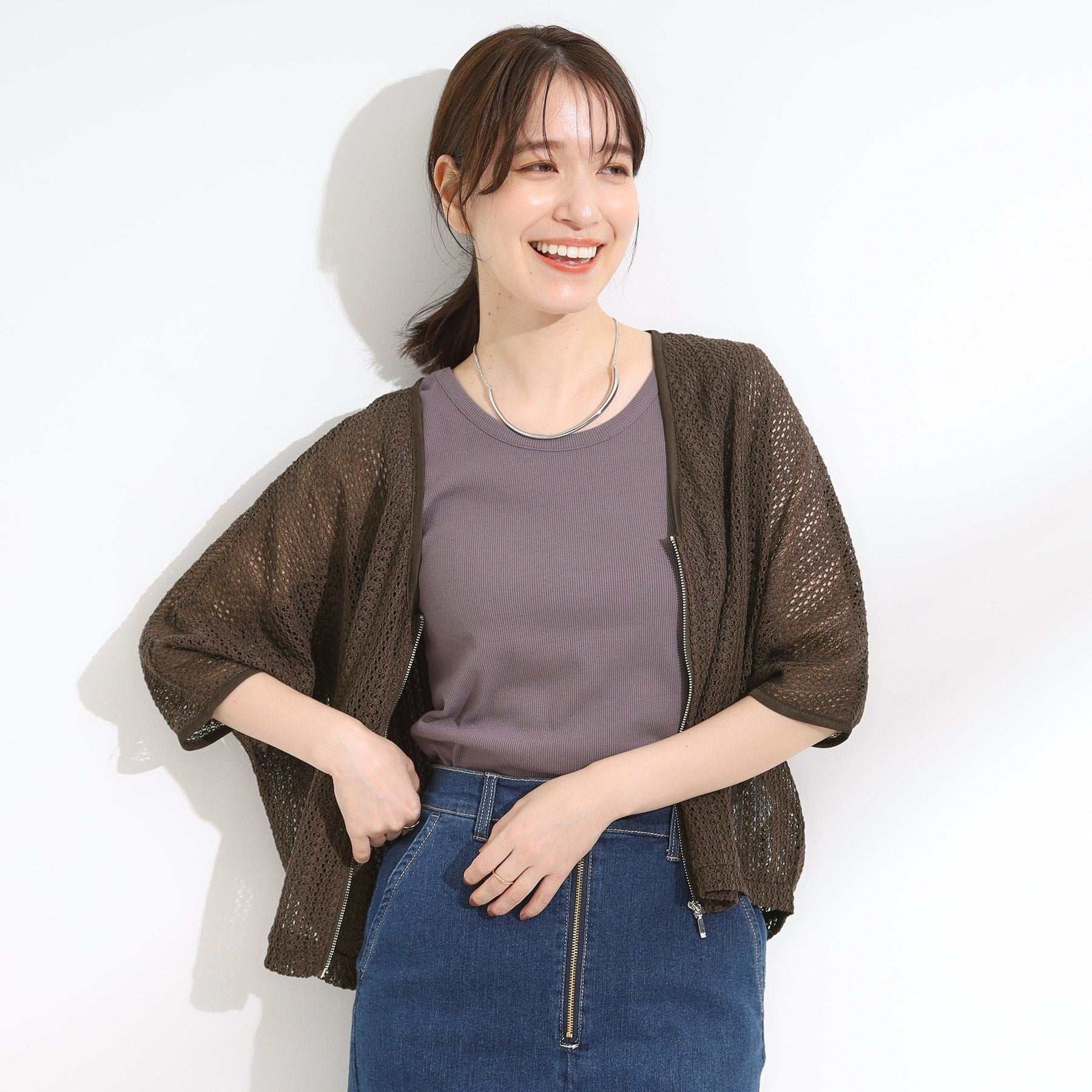 シューラルー SHOO・LA・RUE レーシィな素材感が涼やかなブルゾン （ブラウン(043)） ブラウン(043)