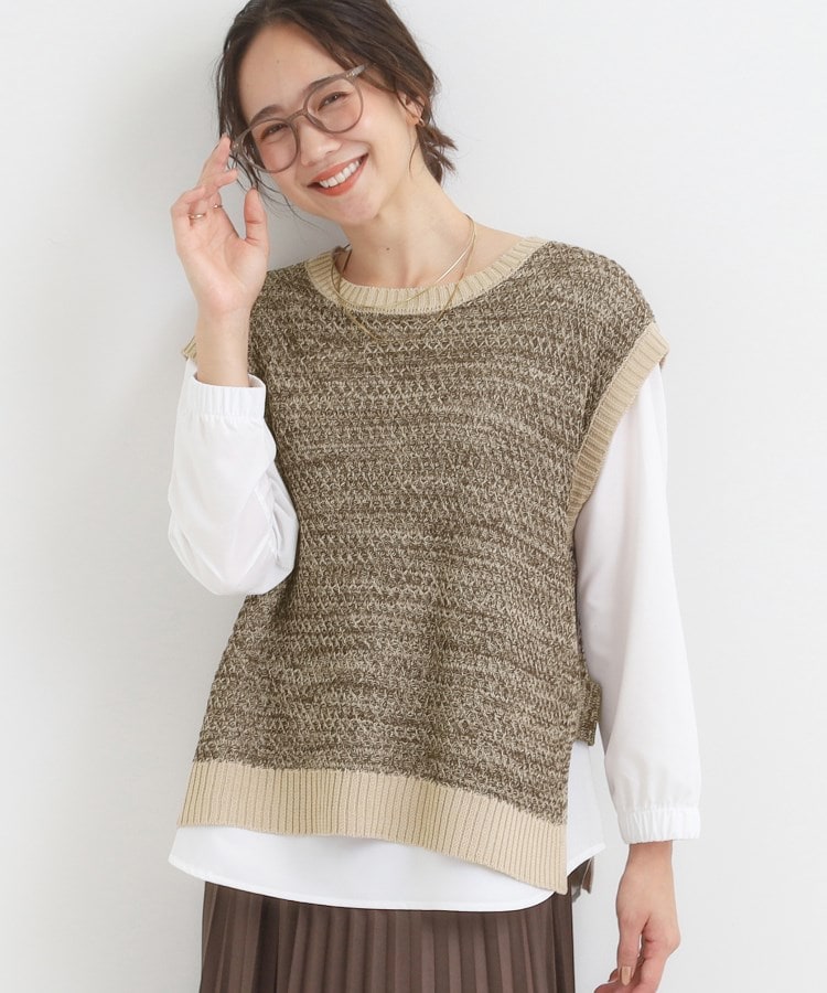 シューラルー SHOO･LA･RUE 【2点セット】それぞれ着まわせる 編み柄ベスト×ブラウスセット （ブラウン(043)） ブラウン(043)