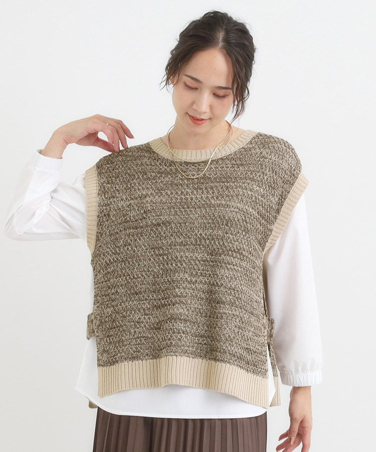シューラルー SHOO･LA･RUE 【2点セット】それぞれ着まわせる 編み柄ベスト×ブラウスセット （ブラウン(043)） ブラウン(043)