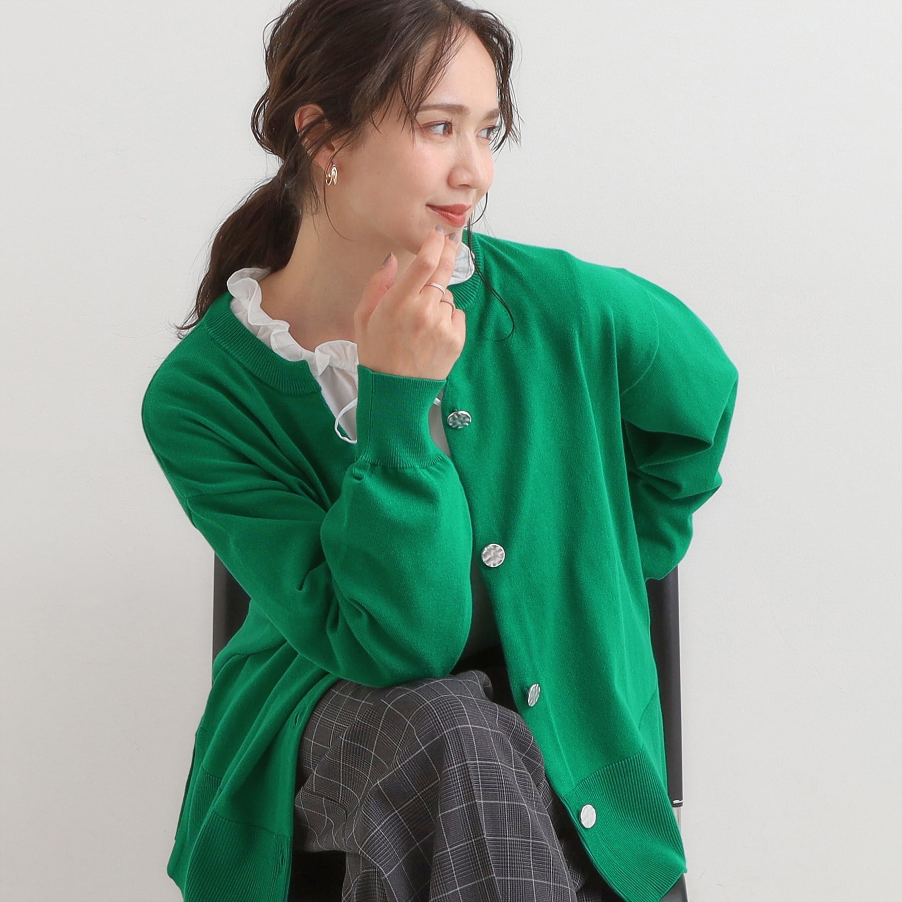 シューラルー SHOO・LA・RUE スウェットライク キーネックカーディガン （グリーン(022)） グリーン(022)