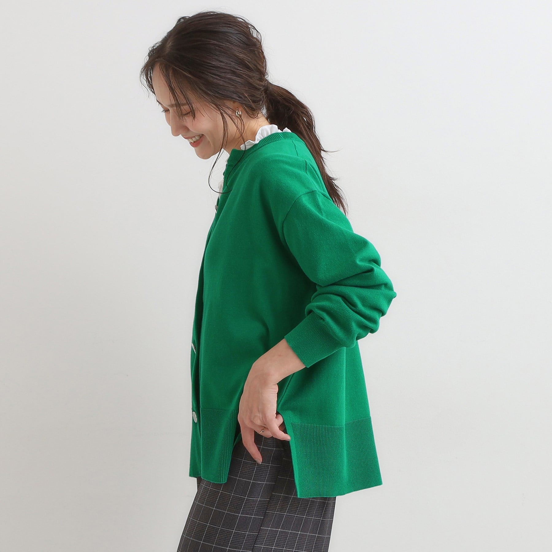 シューラルー SHOO・LA・RUE スウェットライク キーネックカーディガン （グリーン(022)） グリーン(022)