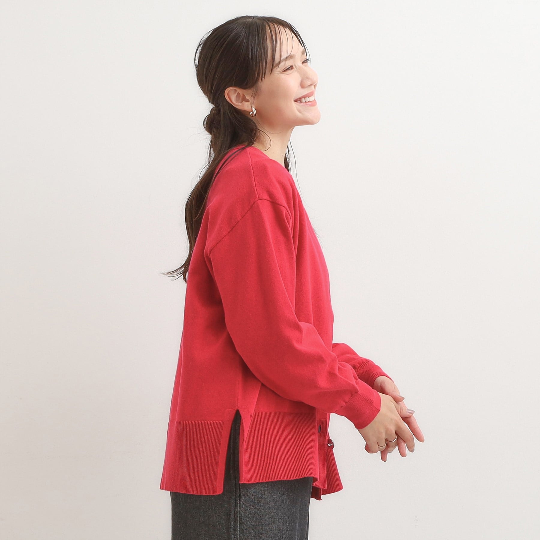 シューラルー SHOO・LA・RUE スウェットライク キーネックカーディガン （グリーン(022)） グリーン(022)