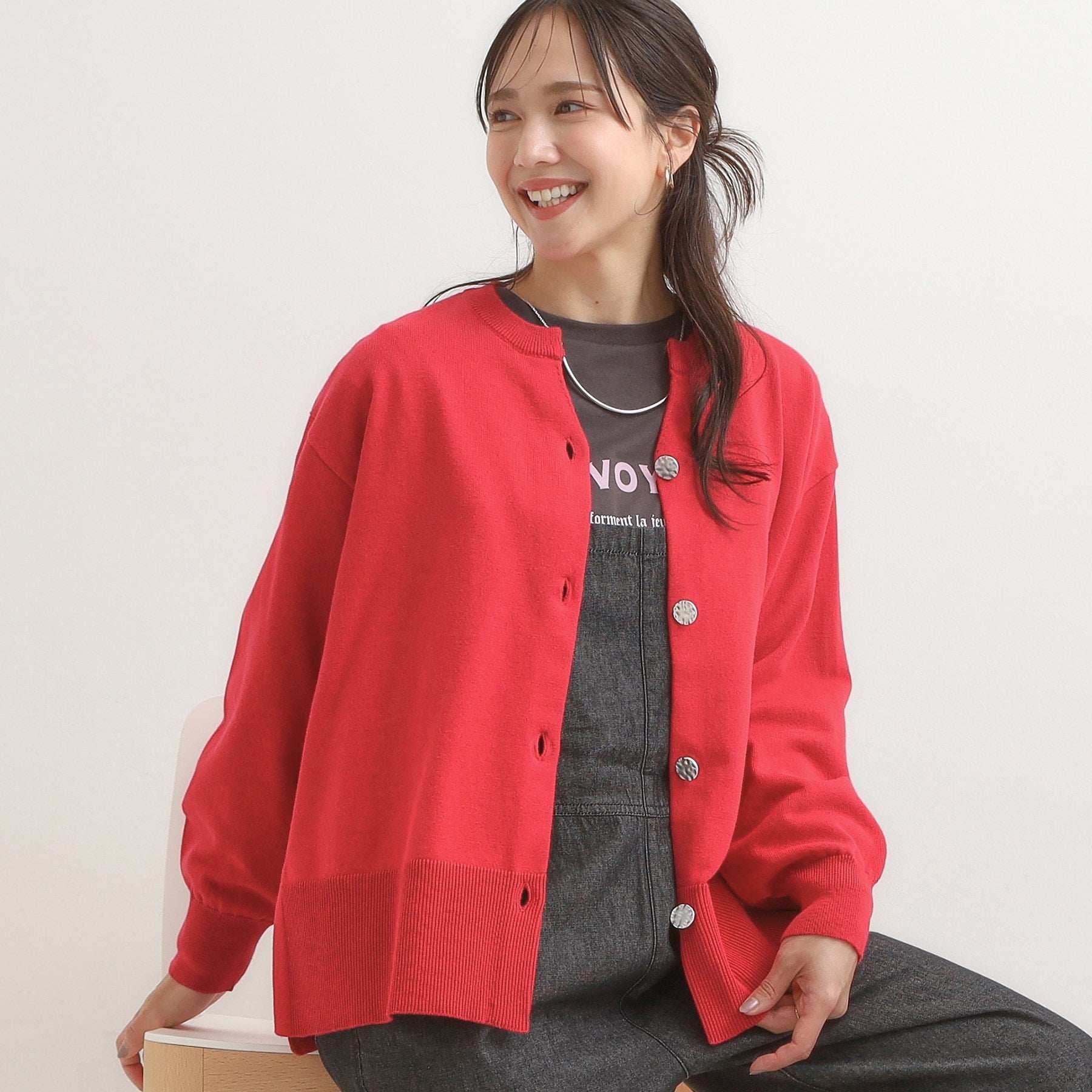 シューラルー SHOO・LA・RUE スウェットライク キーネックカーディガン （ピンク(073)） ピンク(073)