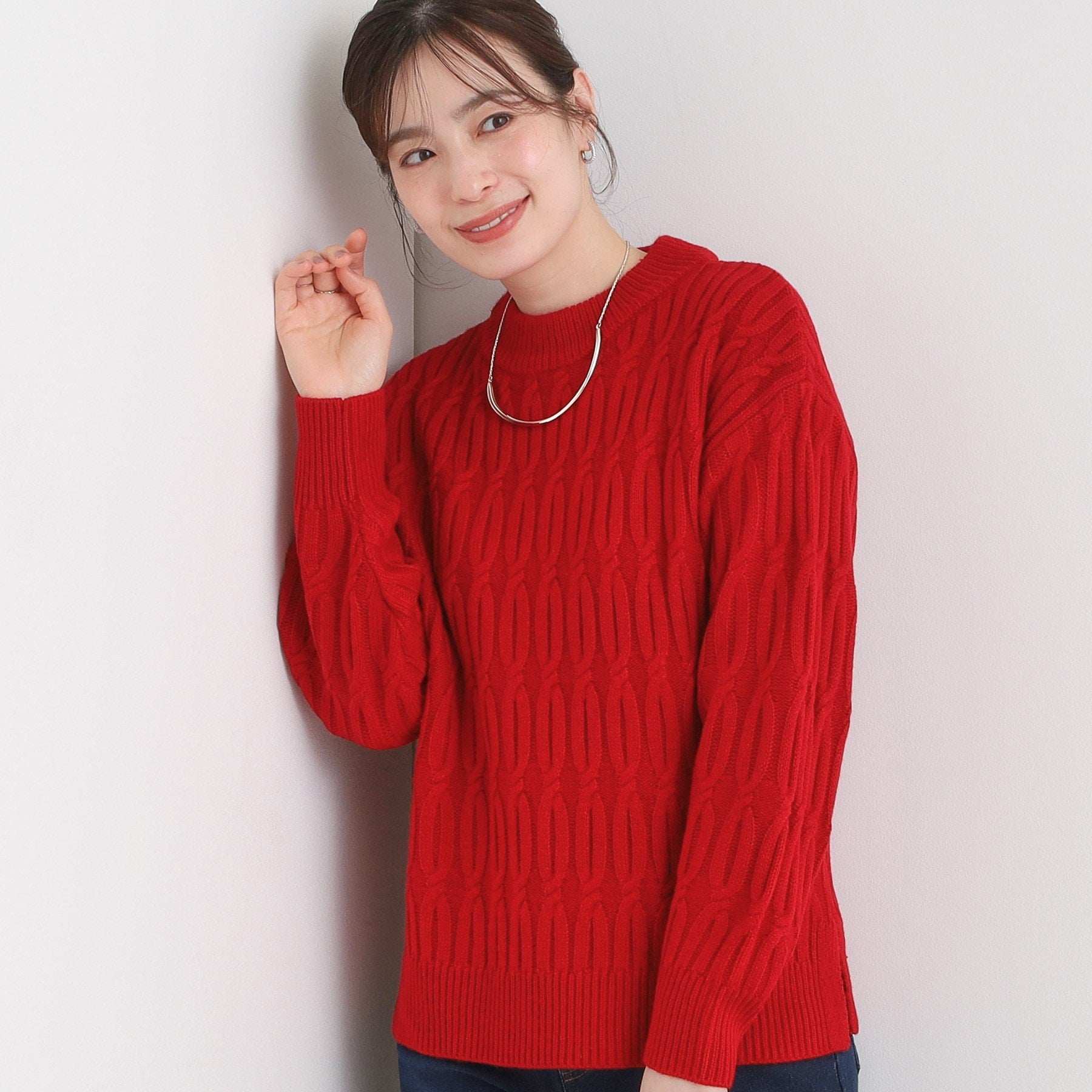 シューラルー SHOO・LA・RUE 【洗える／毛玉レス】シンプルケーブル柄ニット （レッド(062)） レッド(062)